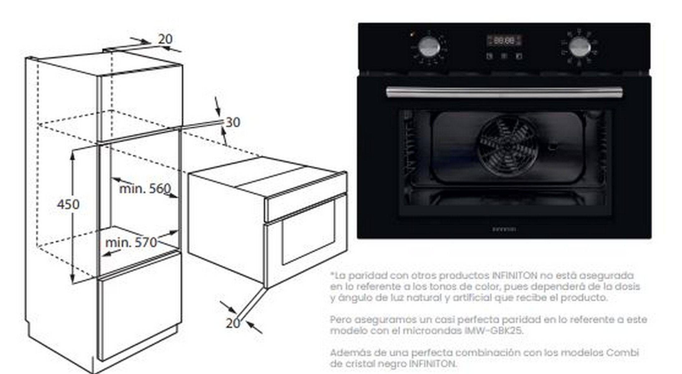 Diagrama de un horno negro con dimensiones y un recorte para la instalación en un mueble de cocina.