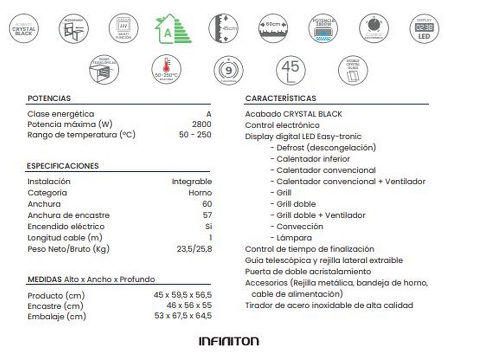 Un cuadro de especificaciones del producto con texto y datos sobre un horno empotrado.