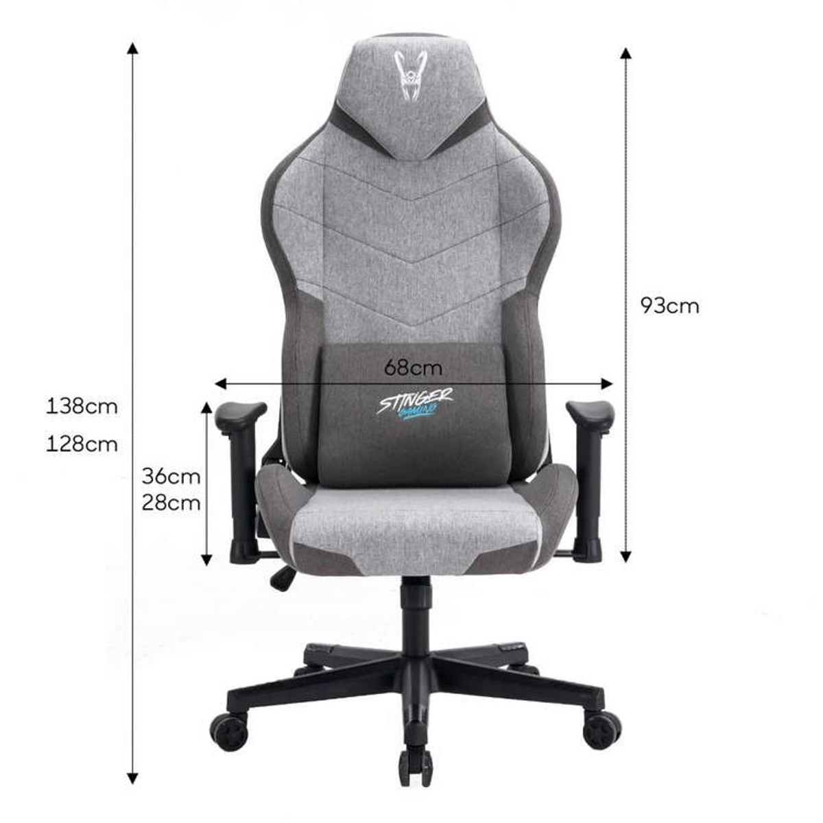 Sedia da gaming in grigio e nero con misure. La sedia ha un poggiatesta e uno schienale.