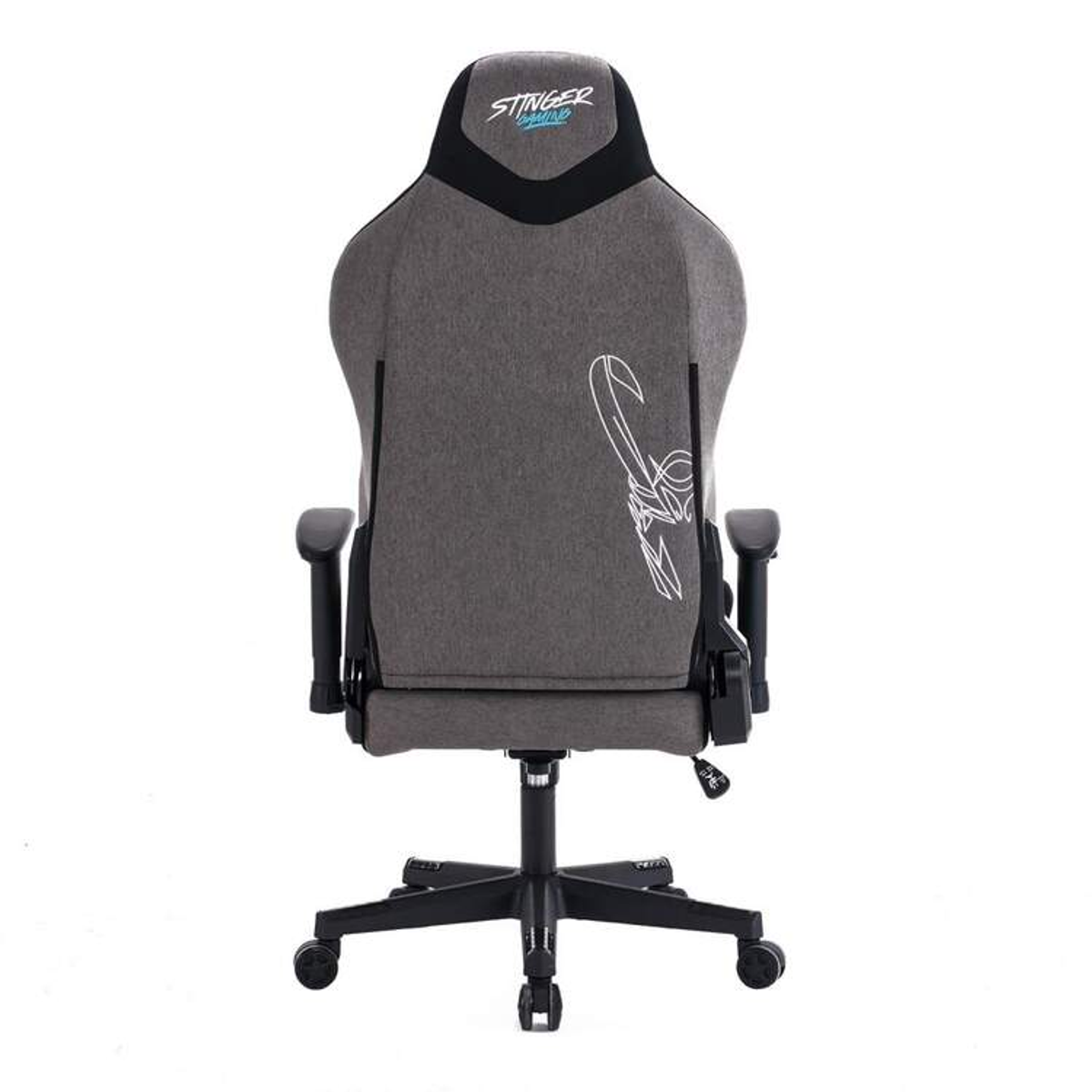 Sedia da gaming grigia, vista posteriore, con il nome del marchio in alto e un design bianco sul retro.