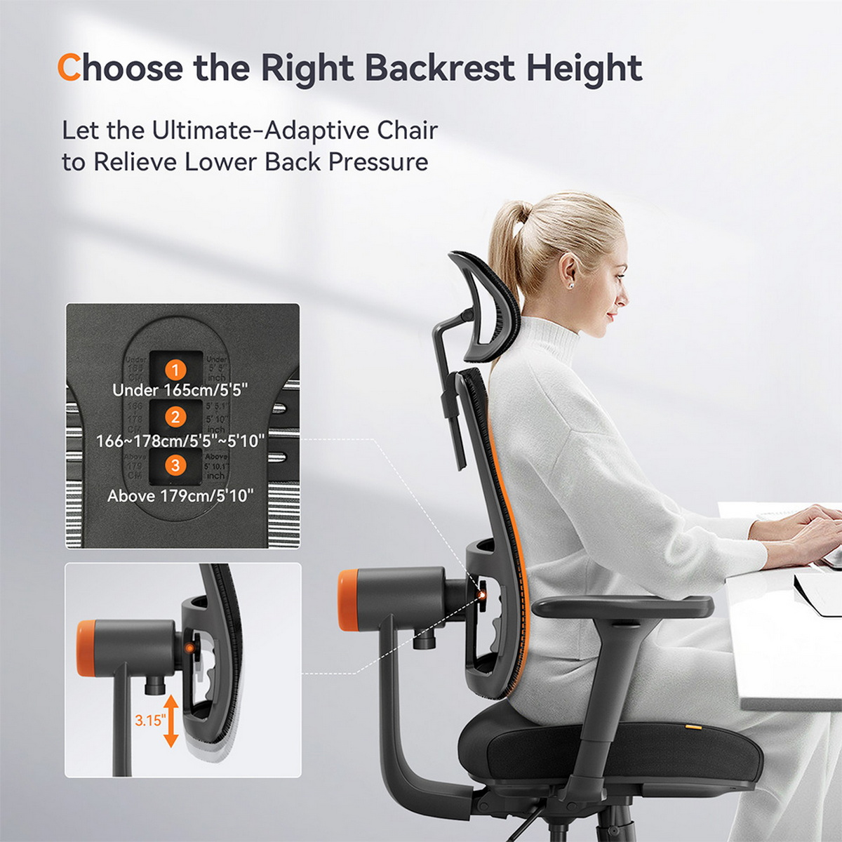 Donna seduta su una sedia ergonomica nera e arancione, con diagrammi sull'altezza dello schienale.