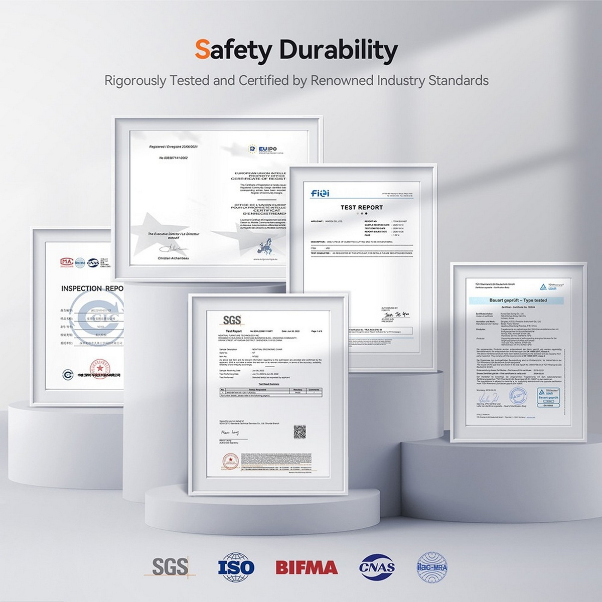 Certificati di sicurezza e durata. Loghi SGS, ISO e BIFMA visibili.
