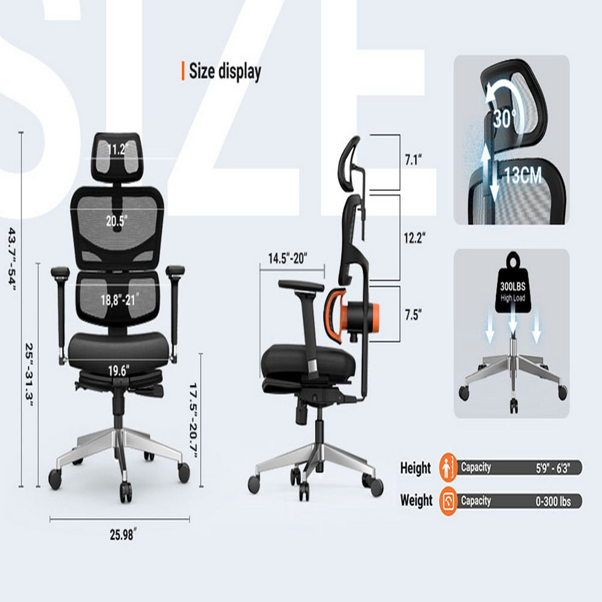 Bürostuhl mit Abmessungen und Maßen, schwarz-graues Farbschema.