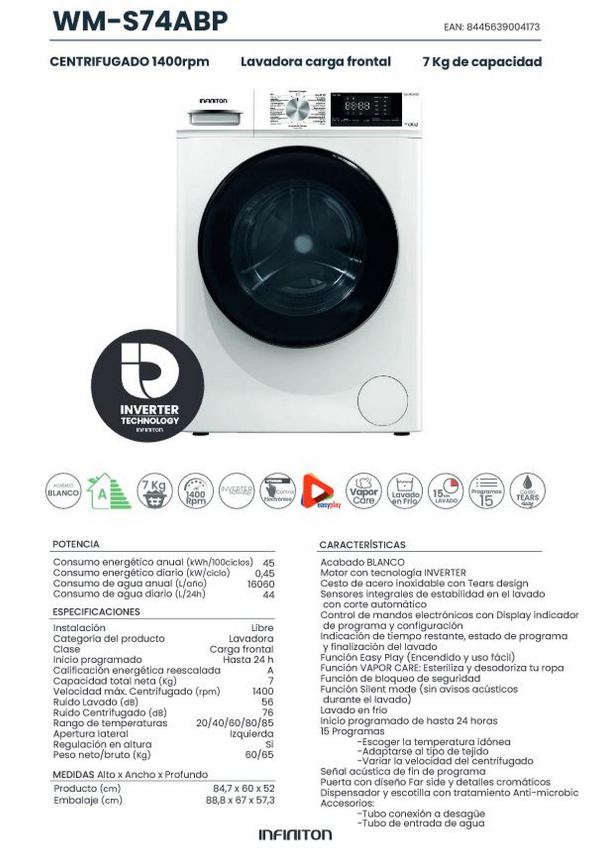Una lavadora blanca con detalles en la parte delantera. El panel de control y una puerta son visibles.