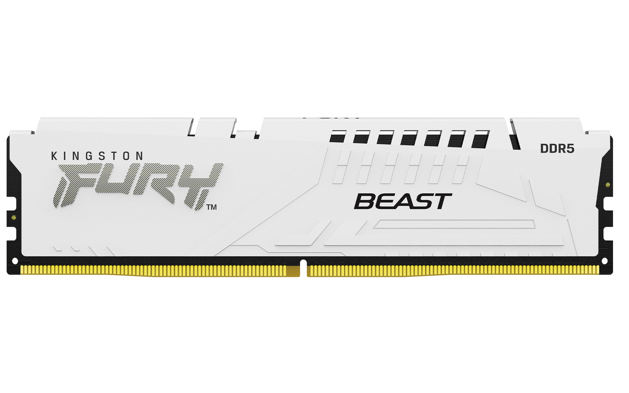 Biały moduł RAM DDR5 Kingston Fury Beast. Czarny tekst na module.