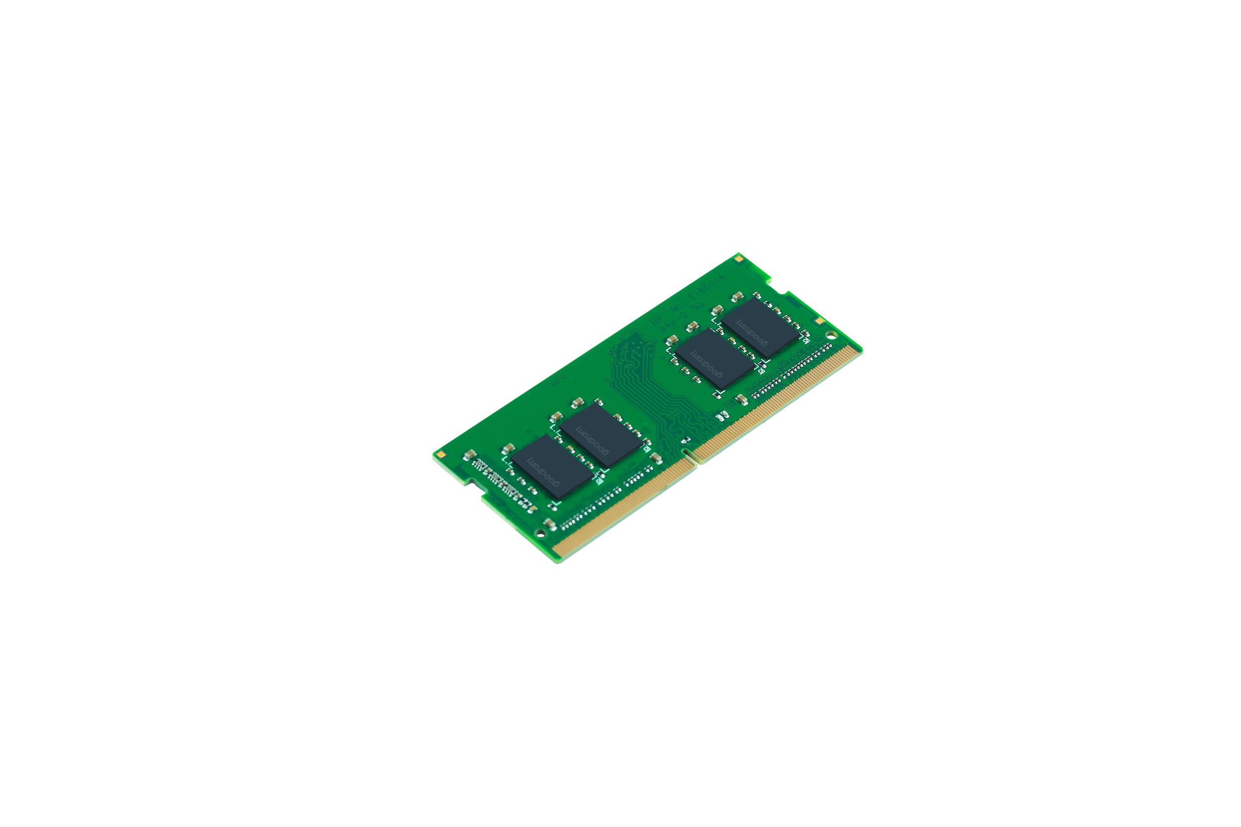 Ein grünes RAM-Speichermodul auf weißem Hintergrund mit 4 schwarzen Chips.
