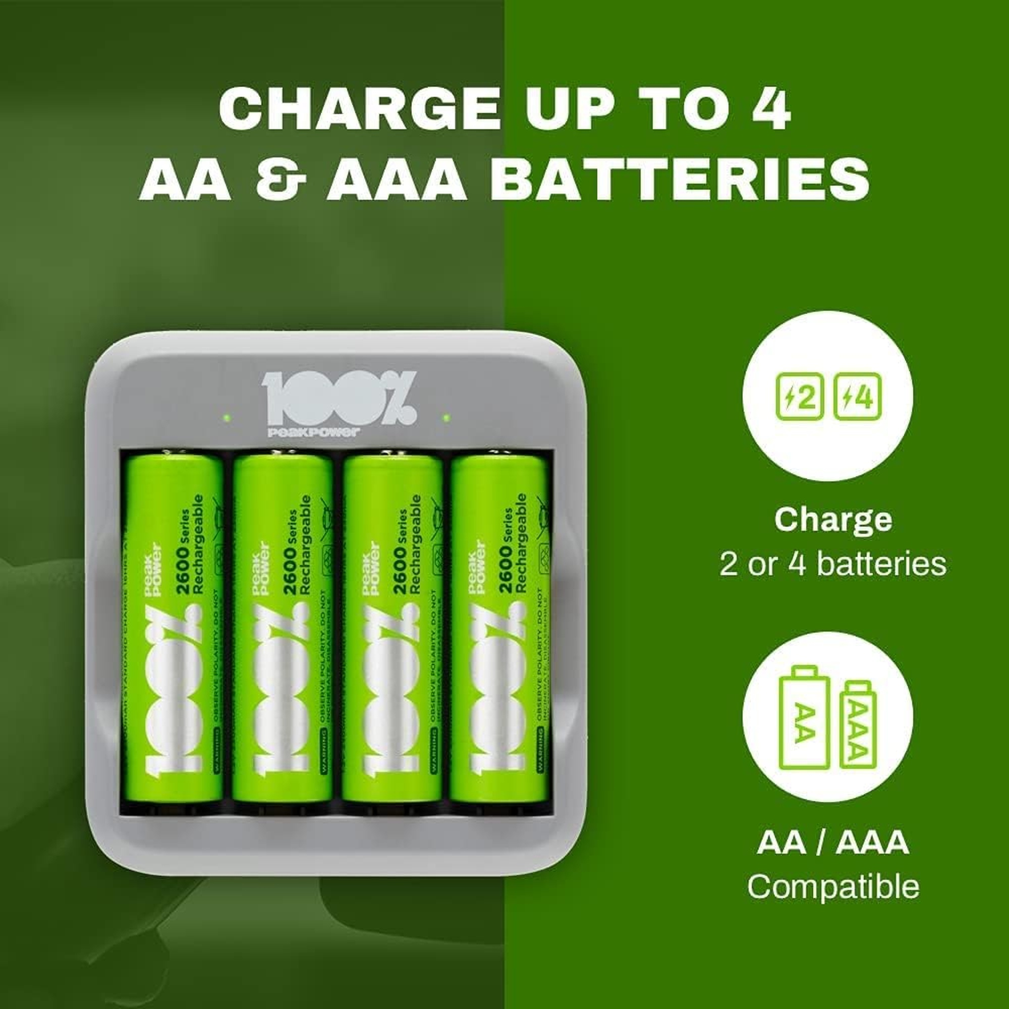Cargador de batería con cuatro pilas AA verdes y texto 'CHARGE UP TO 4 AA & AAA BATTERIES'.