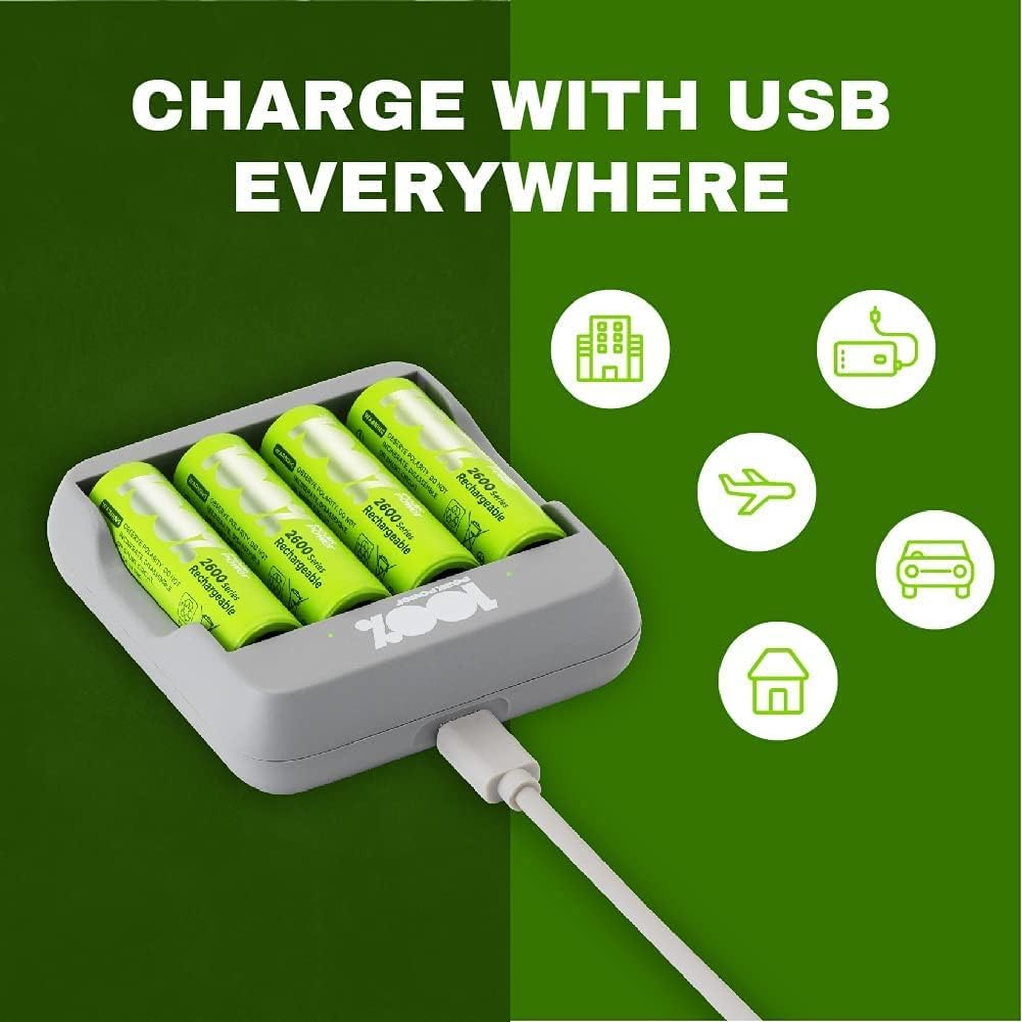 Baterías recargables y cargador con iconos: casa, coche, avión, edificio.