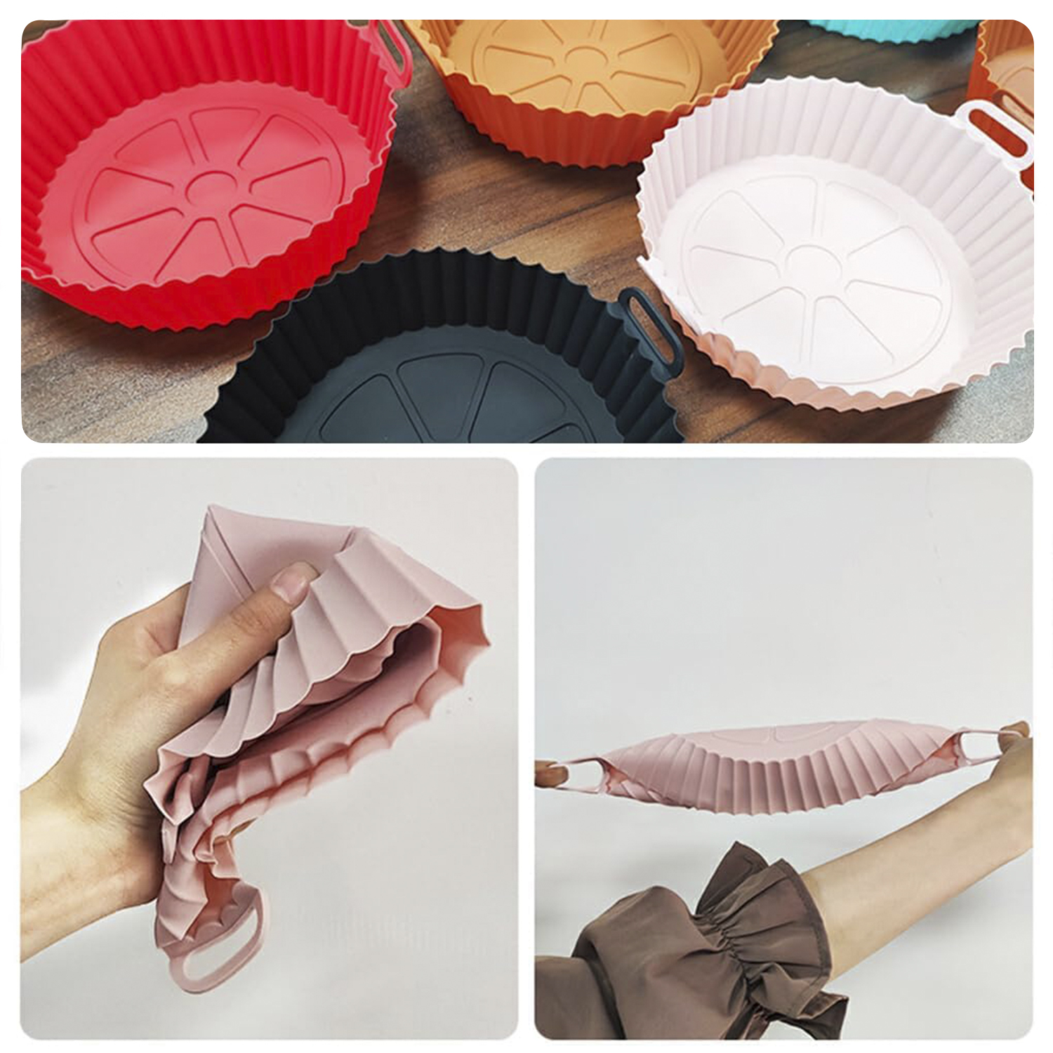 Fodere per friggitrice ad aria in rosso, arancione, nero e rosa, tenute e piegate.