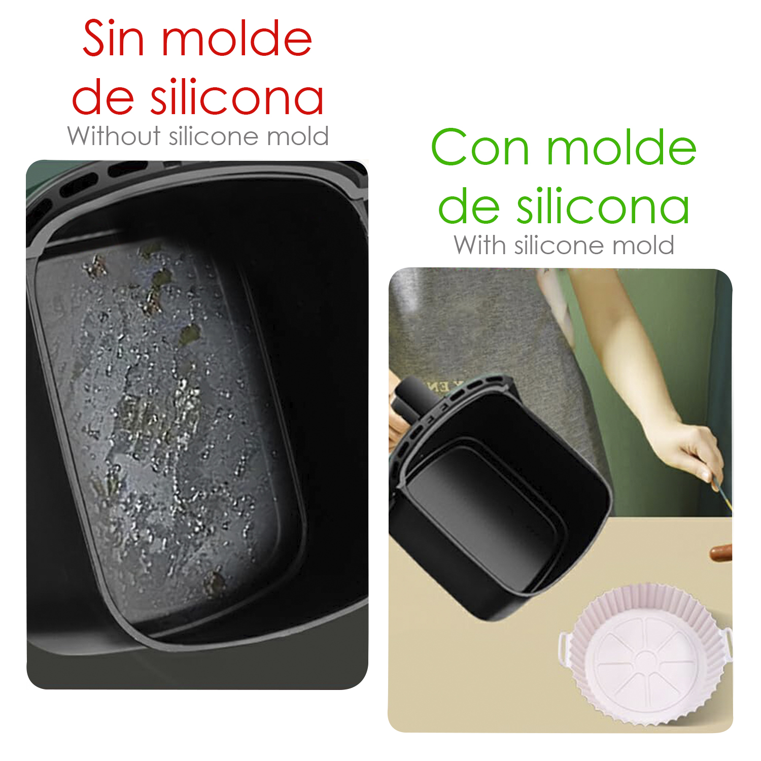Due immagini di un cestello per friggitrice ad aria, uno sporco e l'altro pulito con uno stampo in silicone.