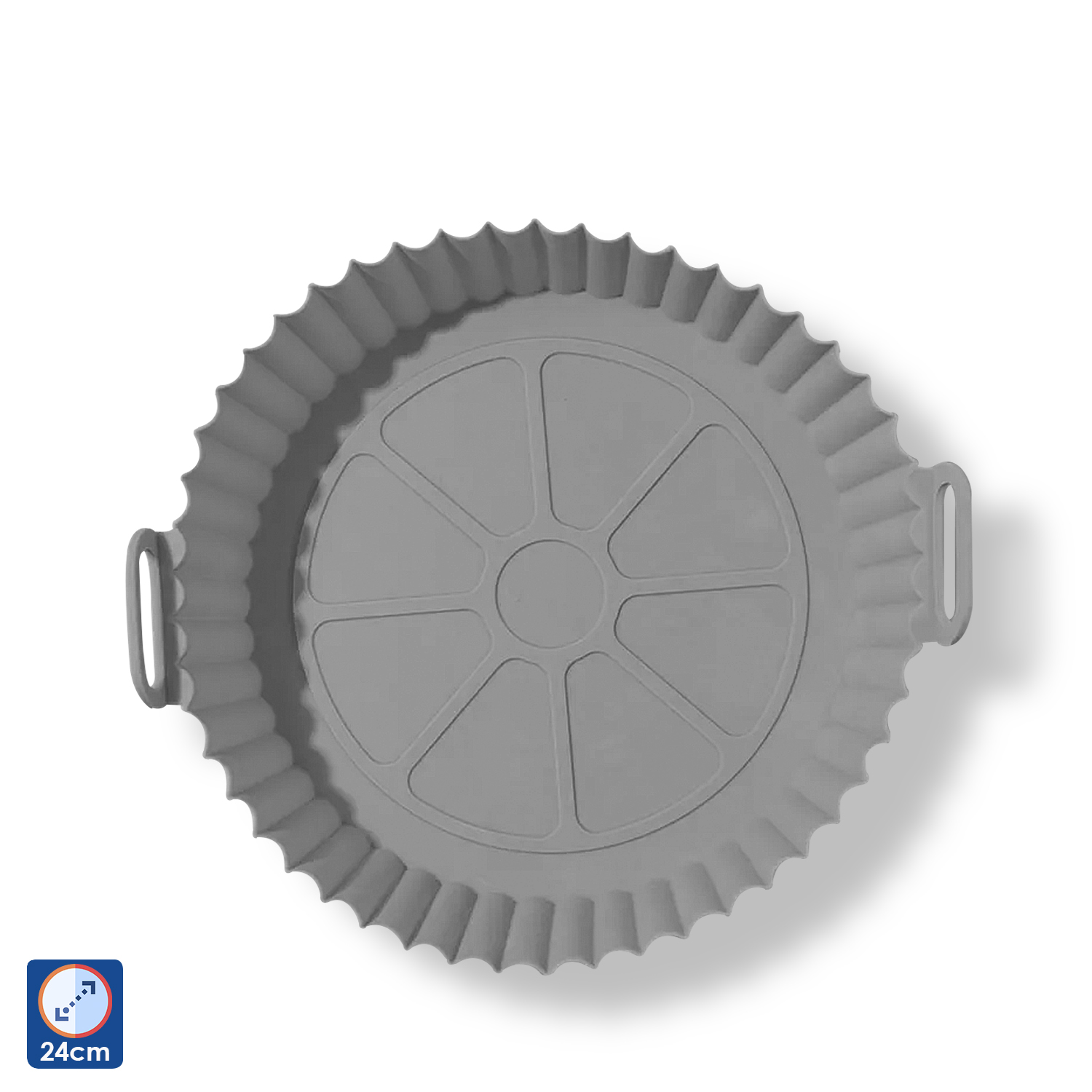 Cestello rotondo in silicone grigio per friggitrice ad aria su sfondo bianco.