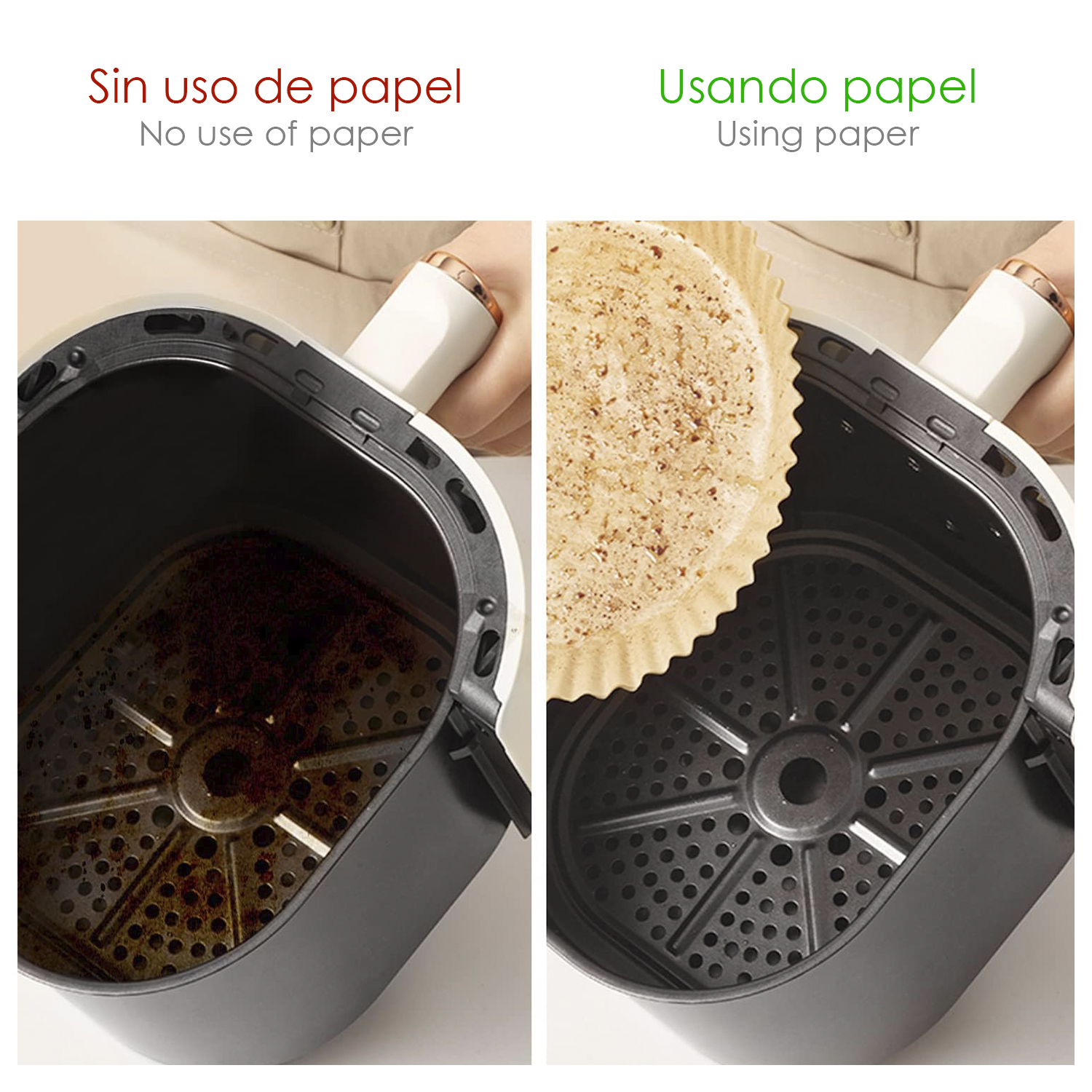 Friggitrice ad aria con confronto: con e senza carta. Mostrando l'interno della friggitrice.