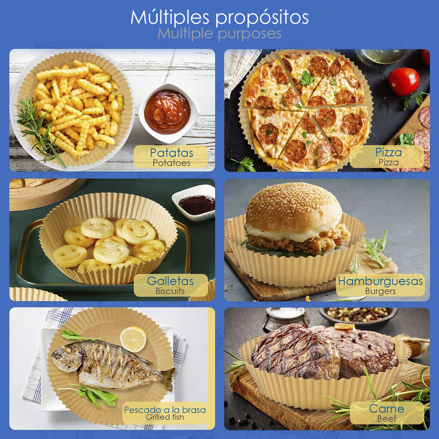 Vari alimenti, tra cui patatine fritte, pizza, biscotti, hamburger, pesce grigliato e manzo.