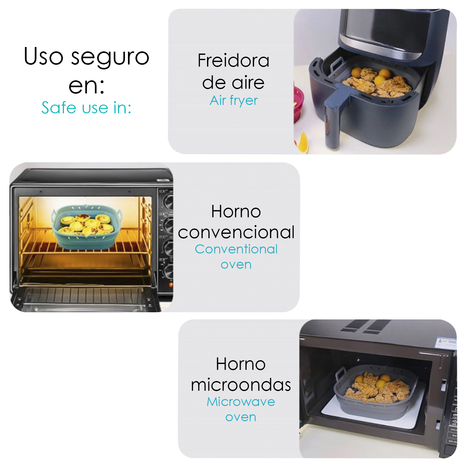 Imágenes que muestran usos seguros de un recipiente de silicona en freidora, horno y microondas.