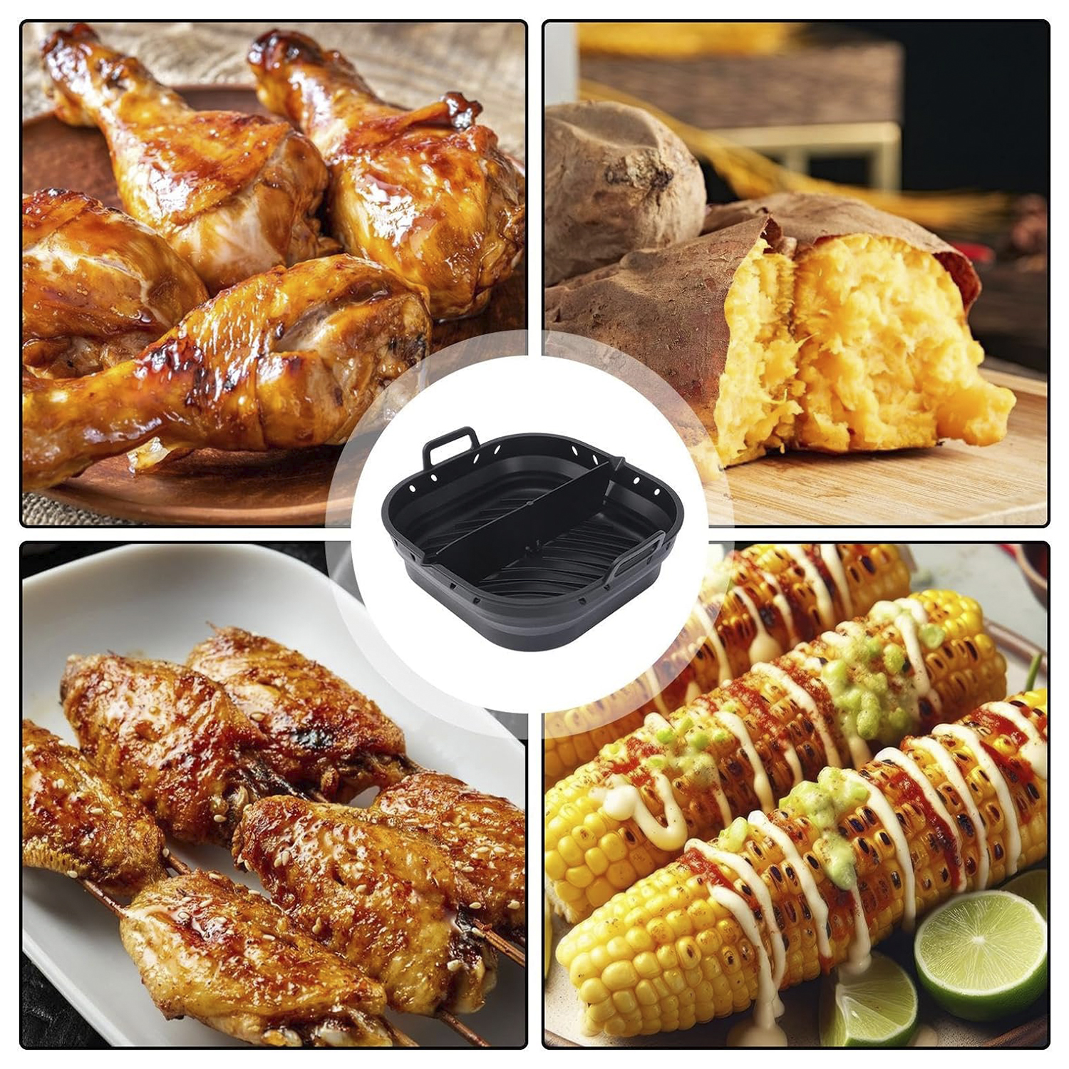 Cuatro imágenes de comida: muslos de pollo, batatas, alitas, maíz. Una bandeja negra en el centro.