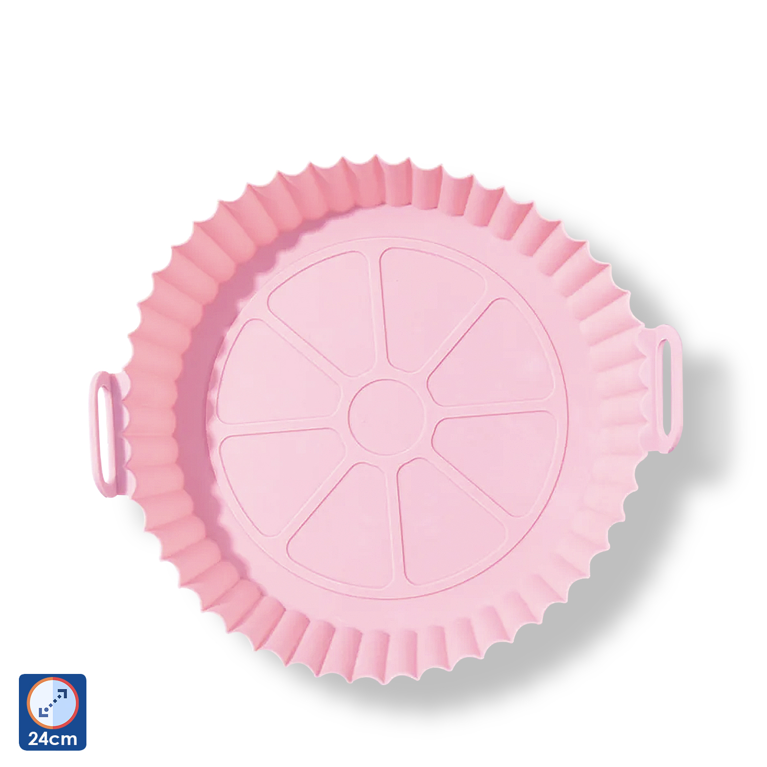 Un rivestimento per friggitrice ad aria in silicone rosa con superficie strutturata e manici, su sfondo bianco.