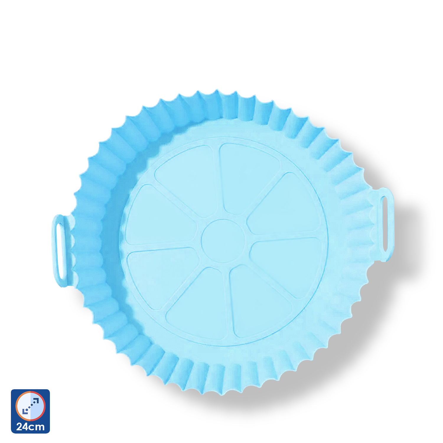Bandeja de silicona azul para freidora de aire. Tiene un borde ondulado y dos asas.