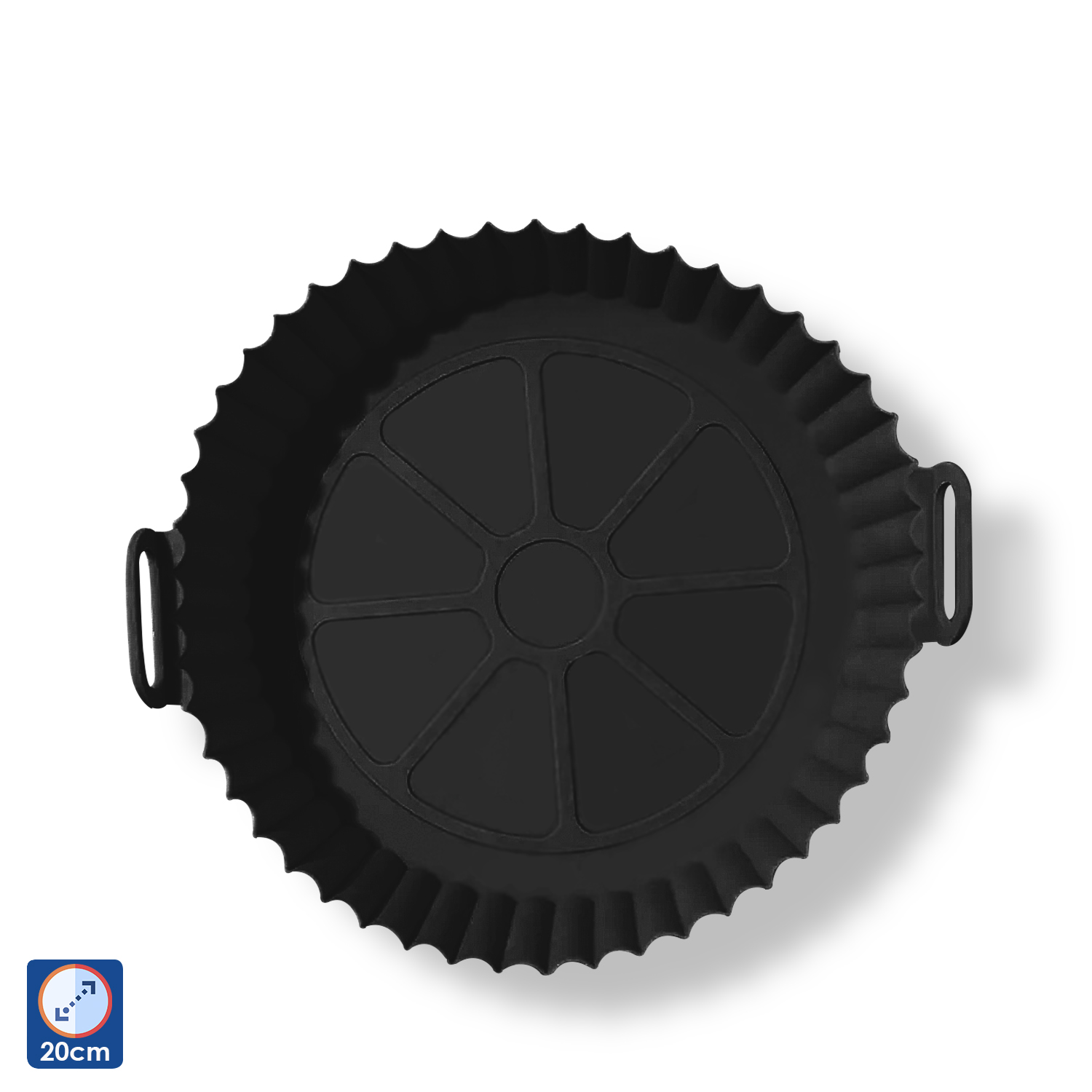Vassoio in silicone nero rotondo per friggitrice ad aria con bordo scanalato e maniglie.