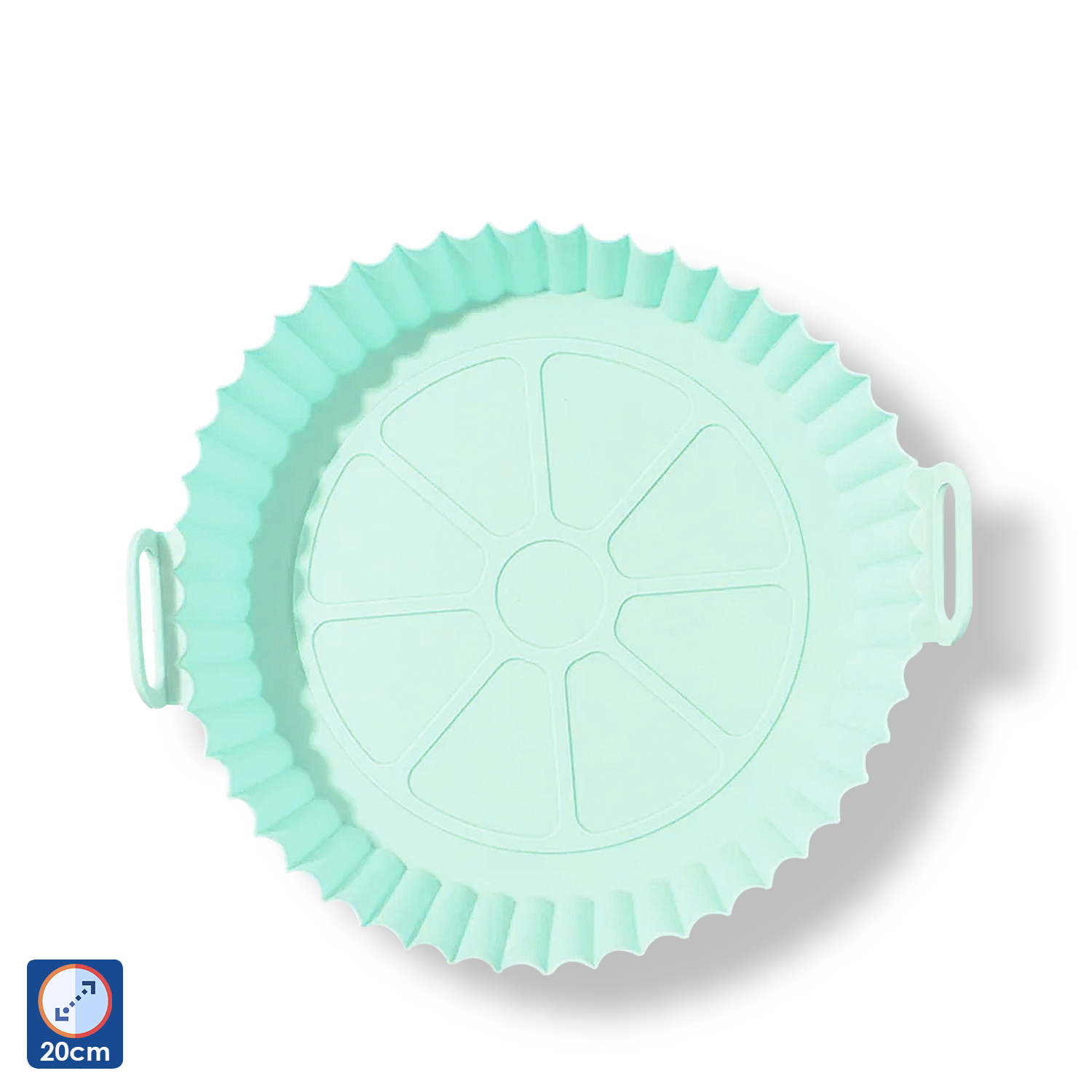 Una sartén redonda de silicona verde claro para freidora de aire con asas y borde acanalado.