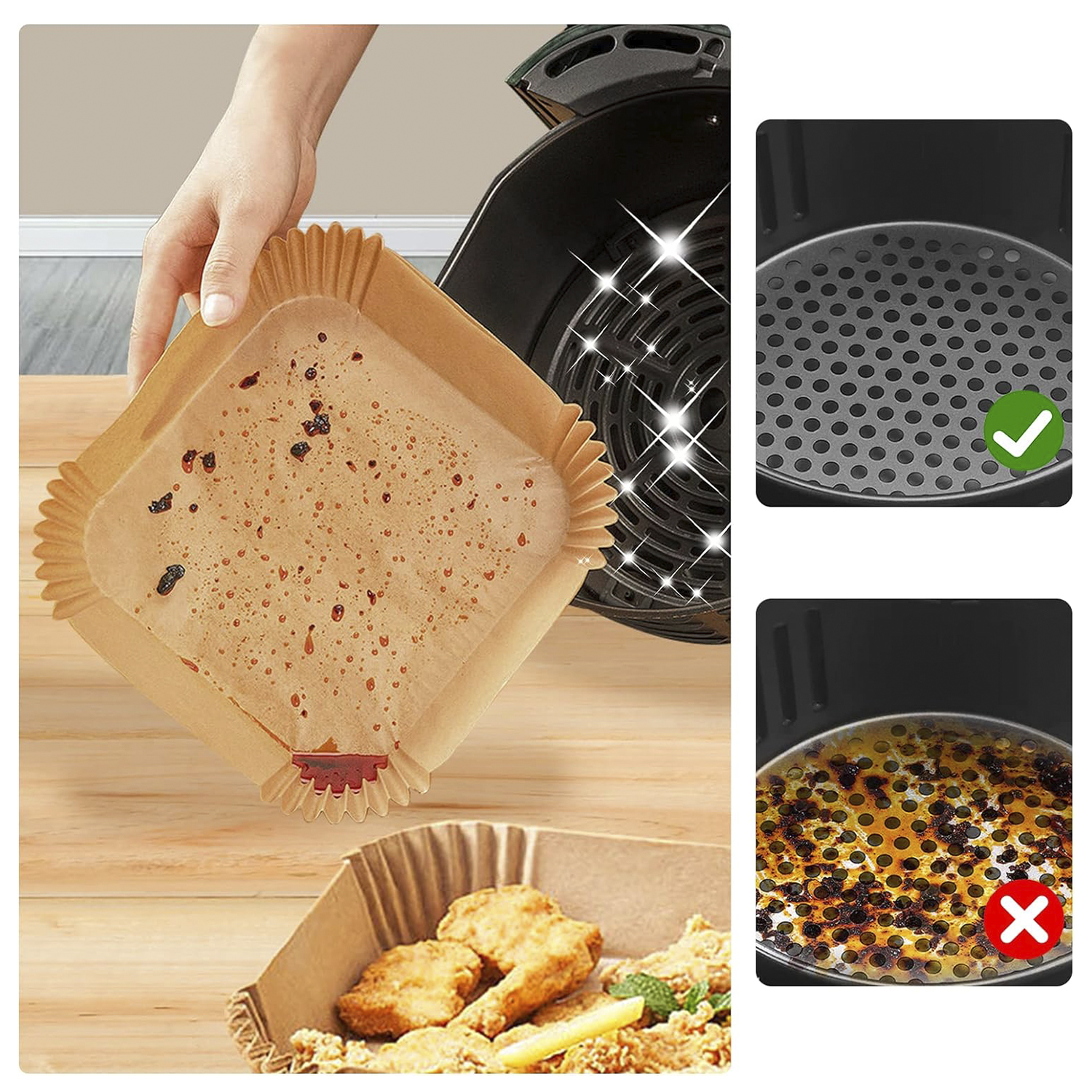 Freidora de aire: Mano sosteniendo bandeja de papel con comida, comparación de bandeja correcta e incorrecta.