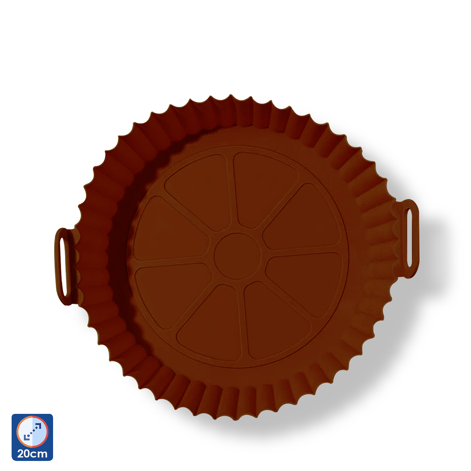 Una teglia rotonda in silicone marrone con manici e bordo scanalato.
