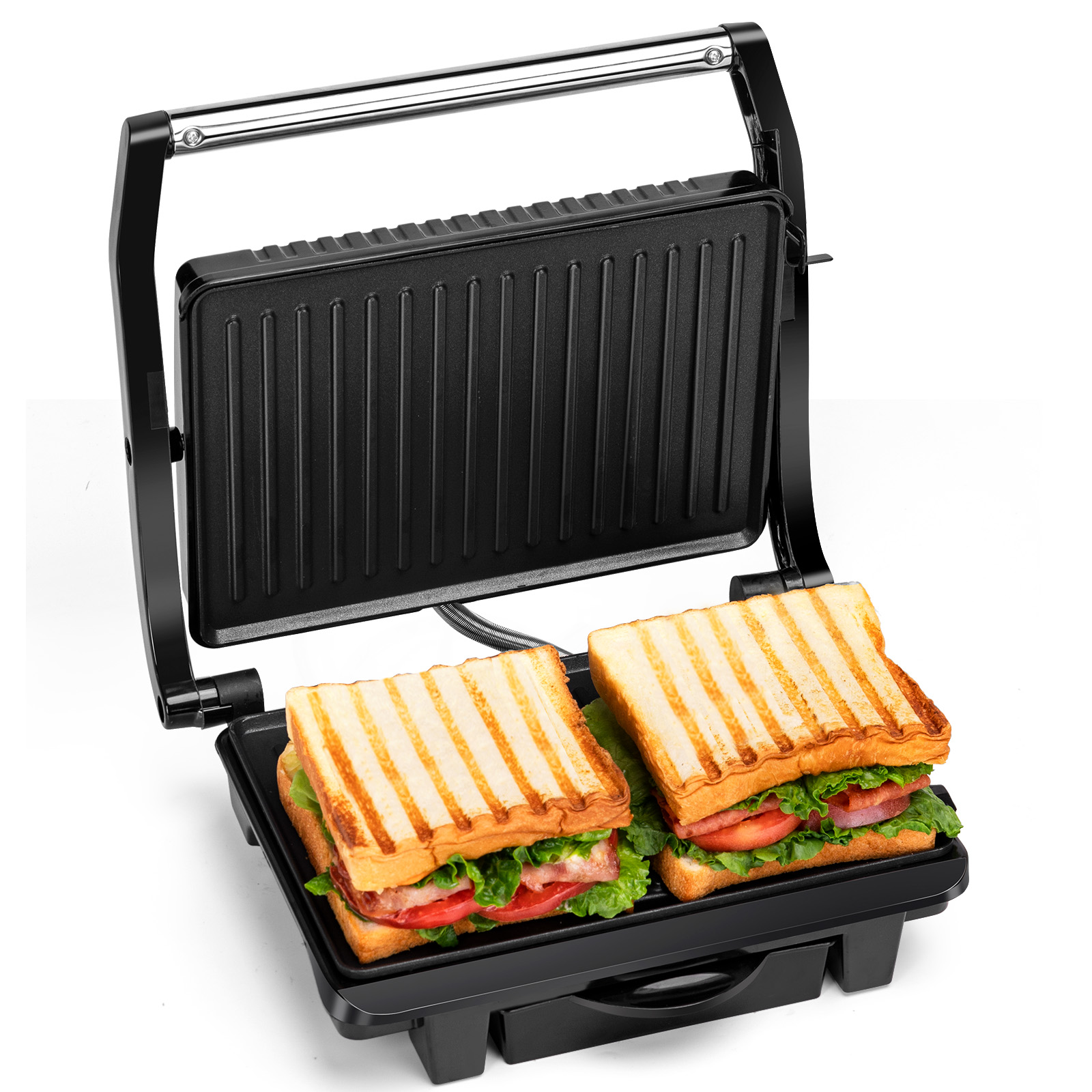 Toastiera nera con due panini grigliati. I panini hanno lattuga, pomodoro e carne.