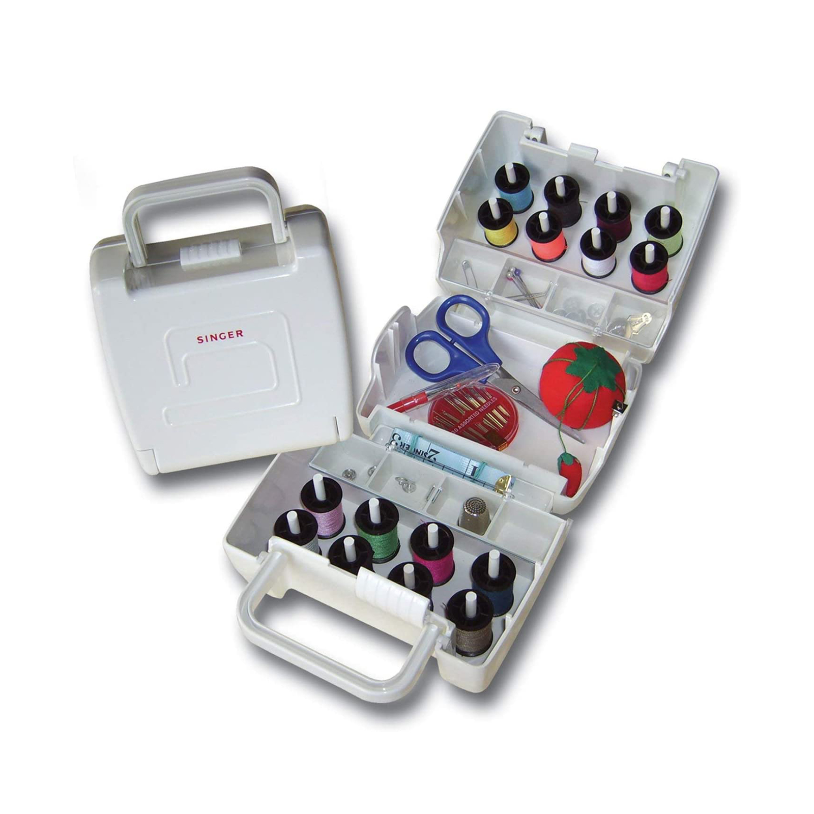 Kit de costura Singer abierto con hilos, tijeras, agujas, alfiletero y otras herramientas de costura.