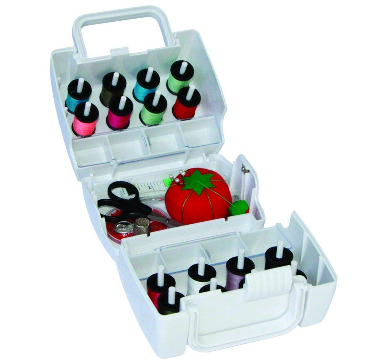 Kit de costura blanco con hilos, tijeras, alfiletero y otros suministros.