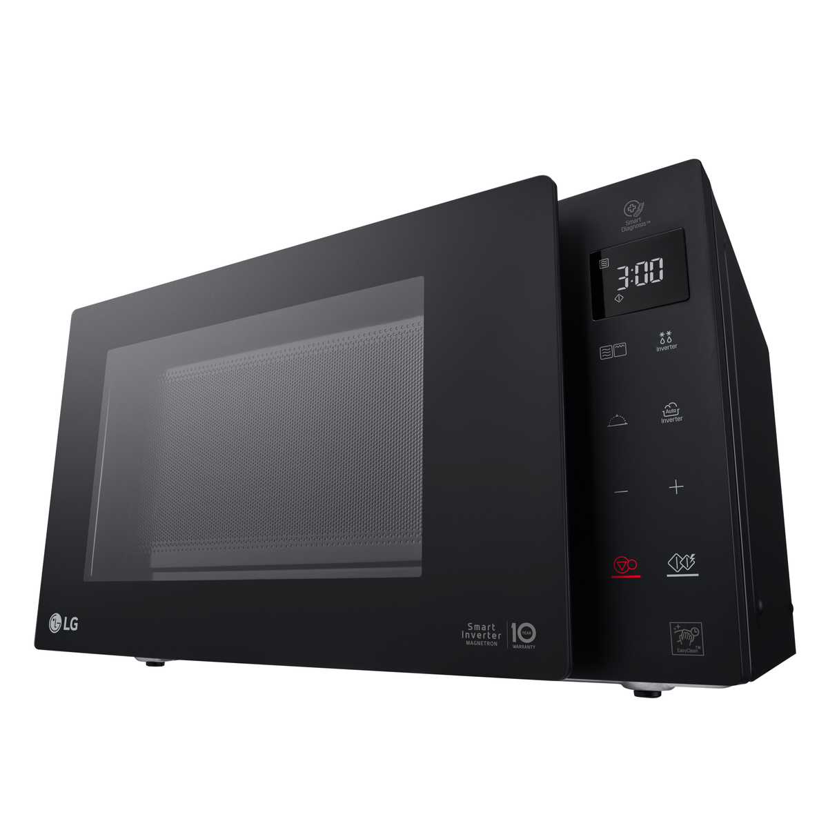 Zwarte magnetron met digitaal display en bedieningsknoppen.