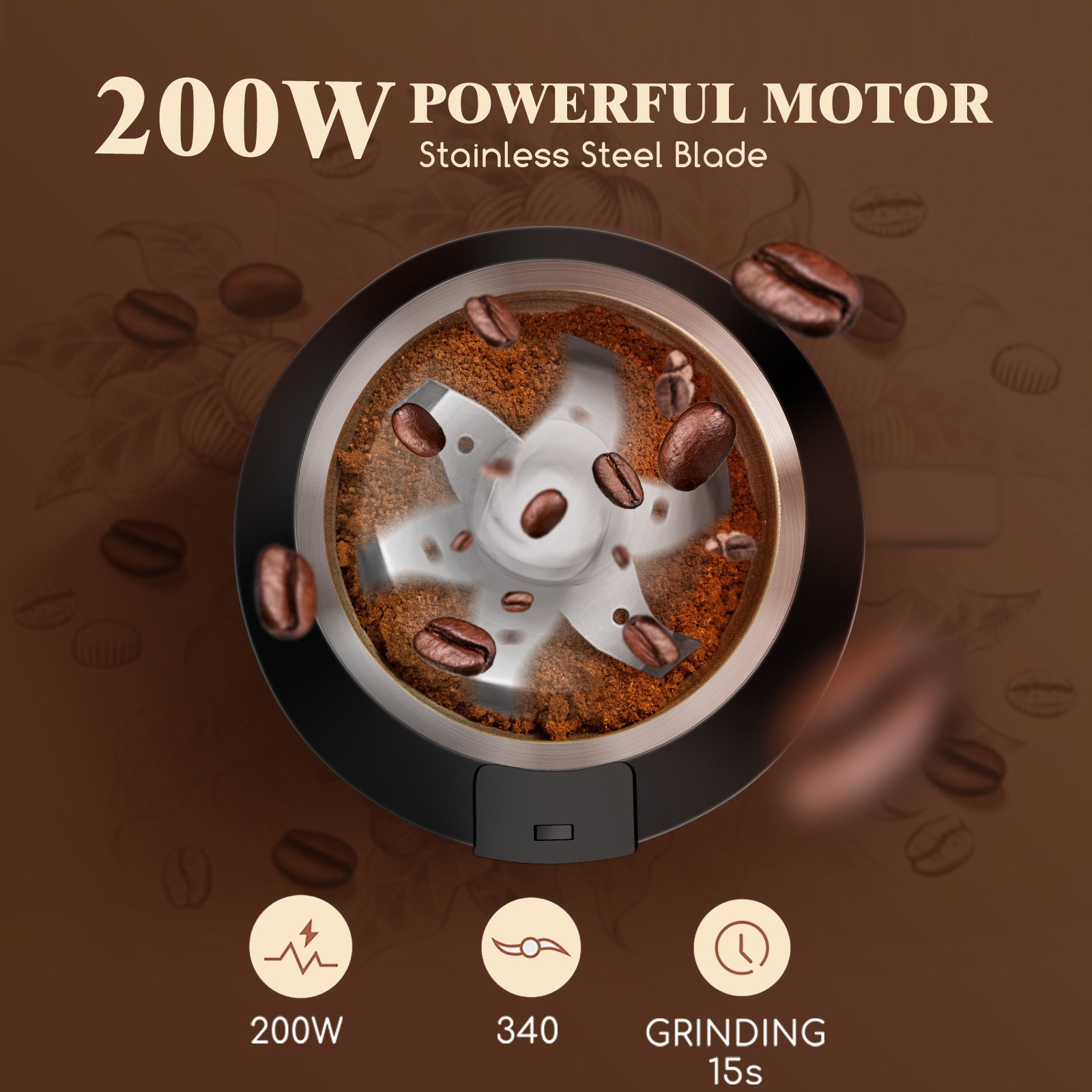 Un molinillo de café con granos y polvo, con texto: 200W, 340, 15s.