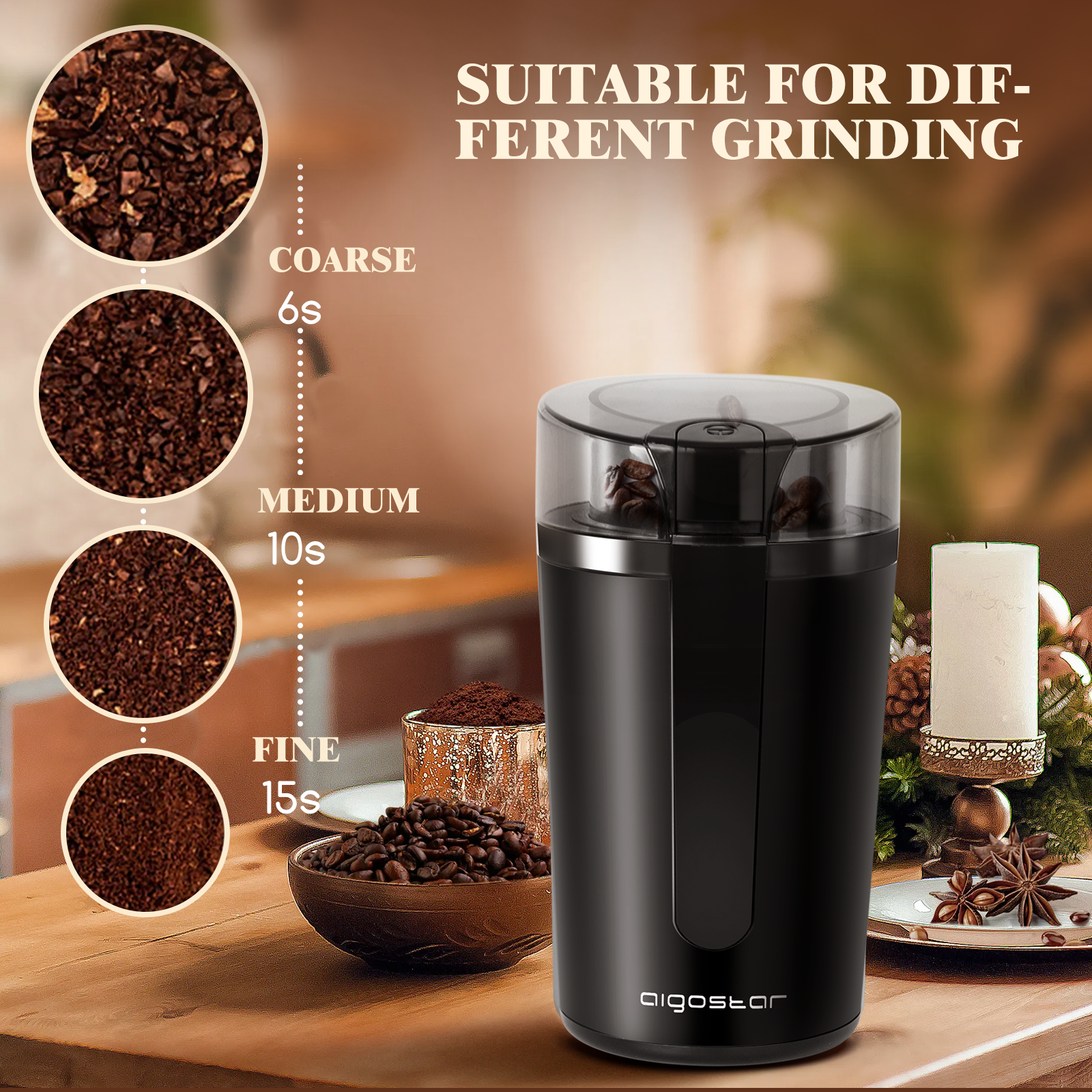 Molinillo de café negro con granos de café y muestras de molido. Etiquetas de texto indican niveles de molido: Grueso, Medio y Fino.