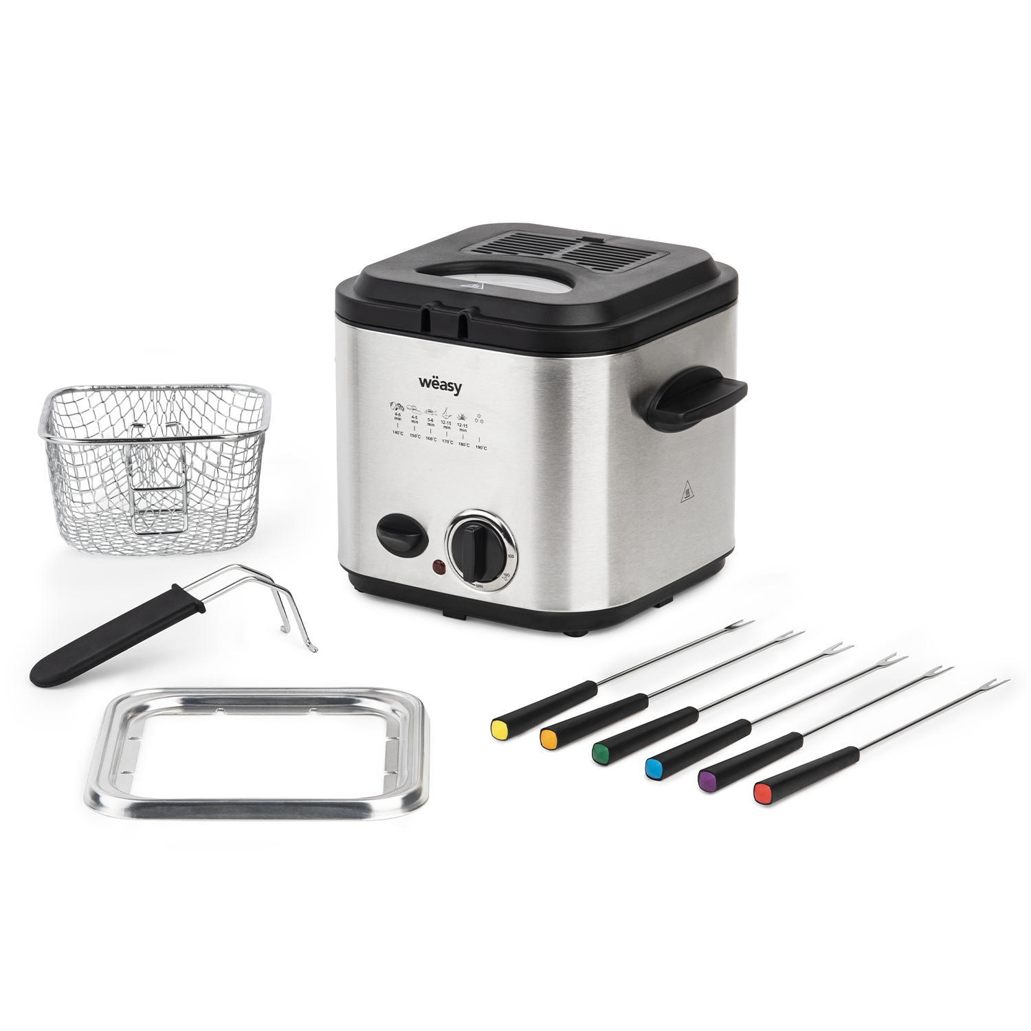 Fritteuse und Fondue-Set mit Gabeln. Edelstahl und schwarz gefärbt.