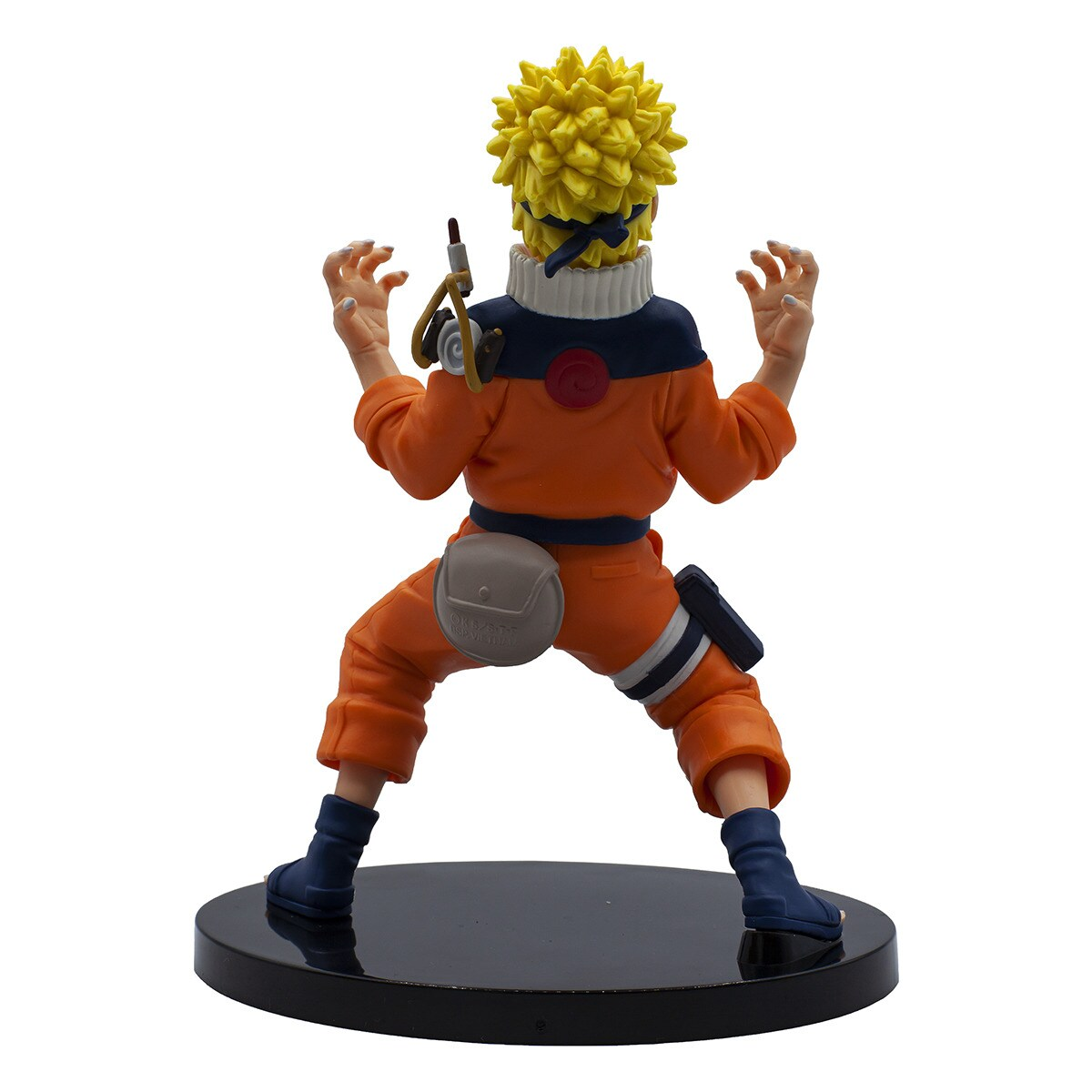 Naruto-Figur in orangefarbenem Overall, Rückansicht, Arme erhoben. Schwarze Basis.