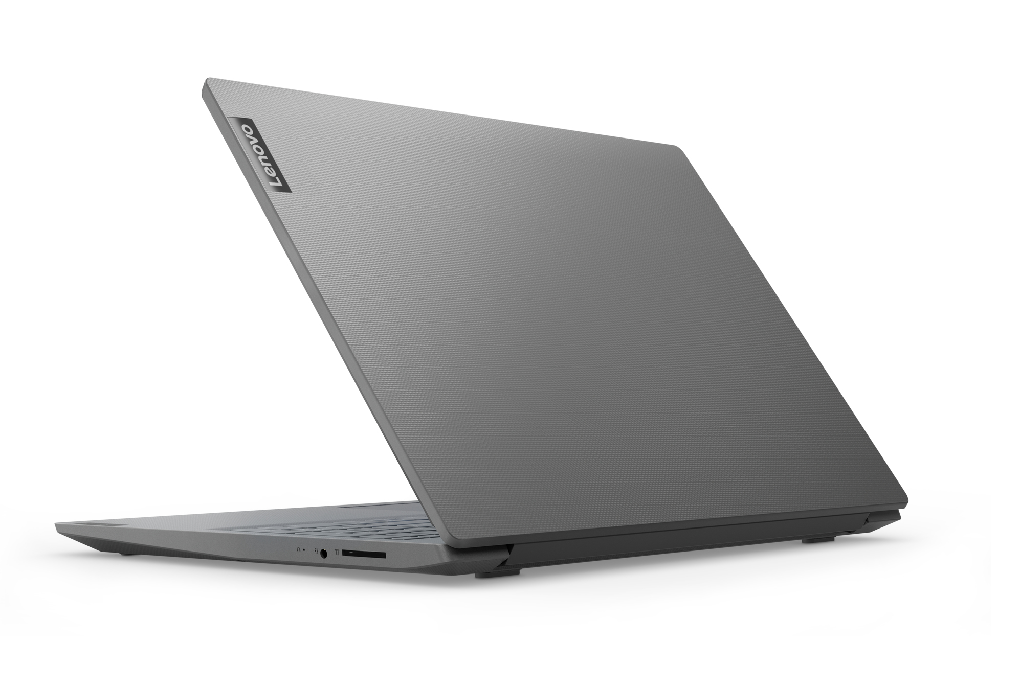 Laptop grigio leggermente aperto, che mostra la parte posteriore.