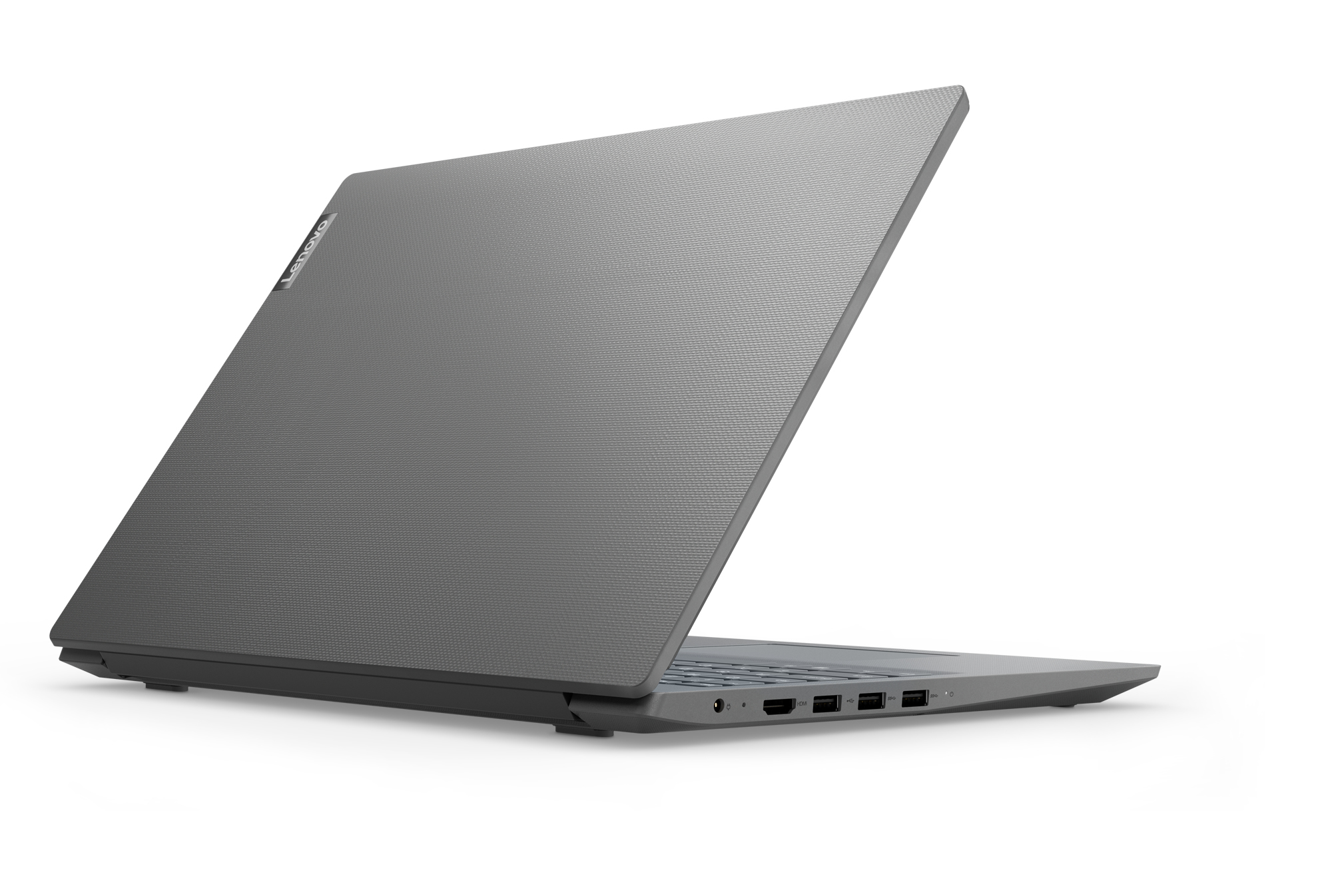 Laptop grigio con schermo aperto, che mostra l'interno. Sfondo bianco.