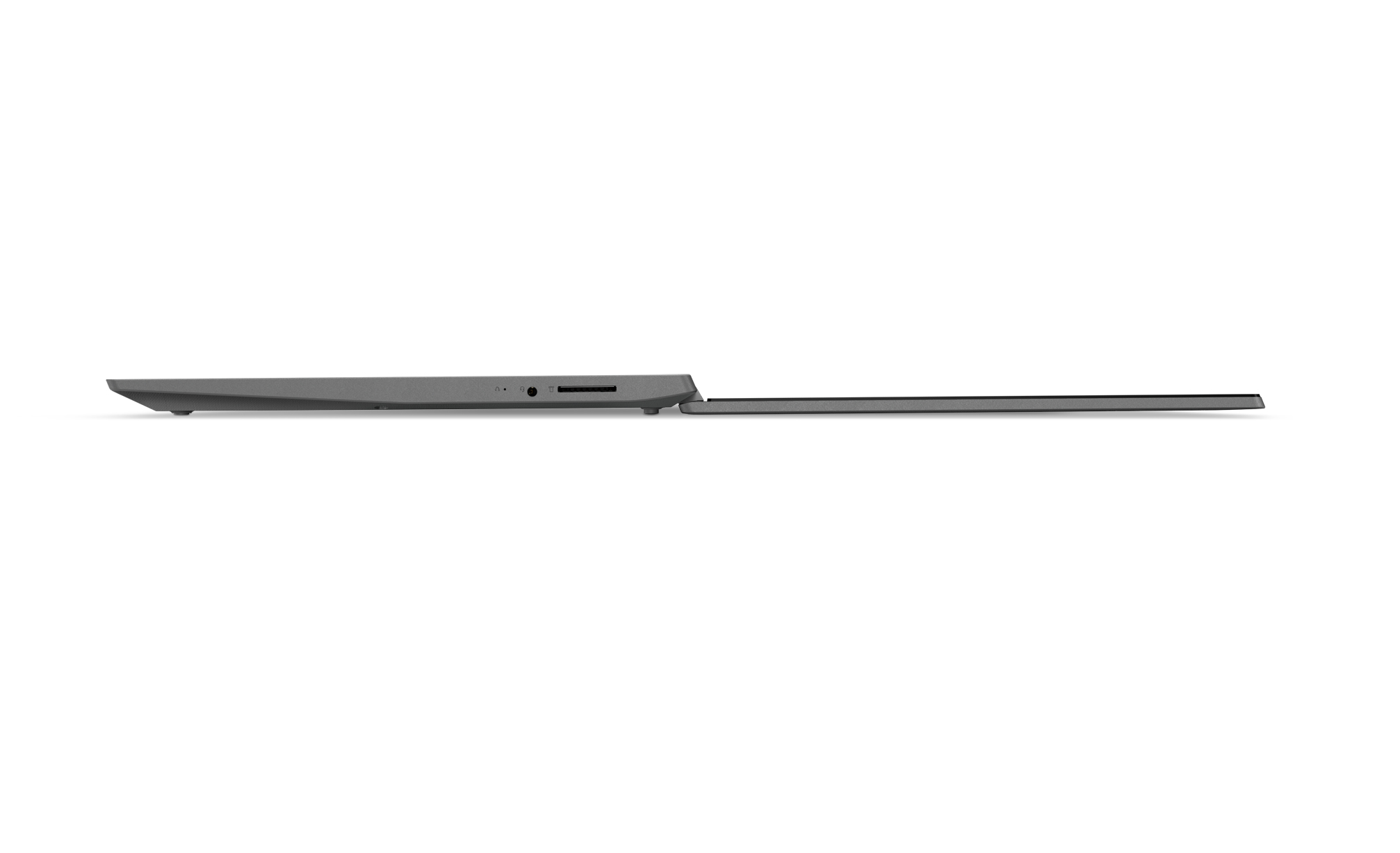 Vista laterale di un laptop Lenovo grigio, chiuso. Lo schermo è rivolto verso l'alto, sfondo bianco.