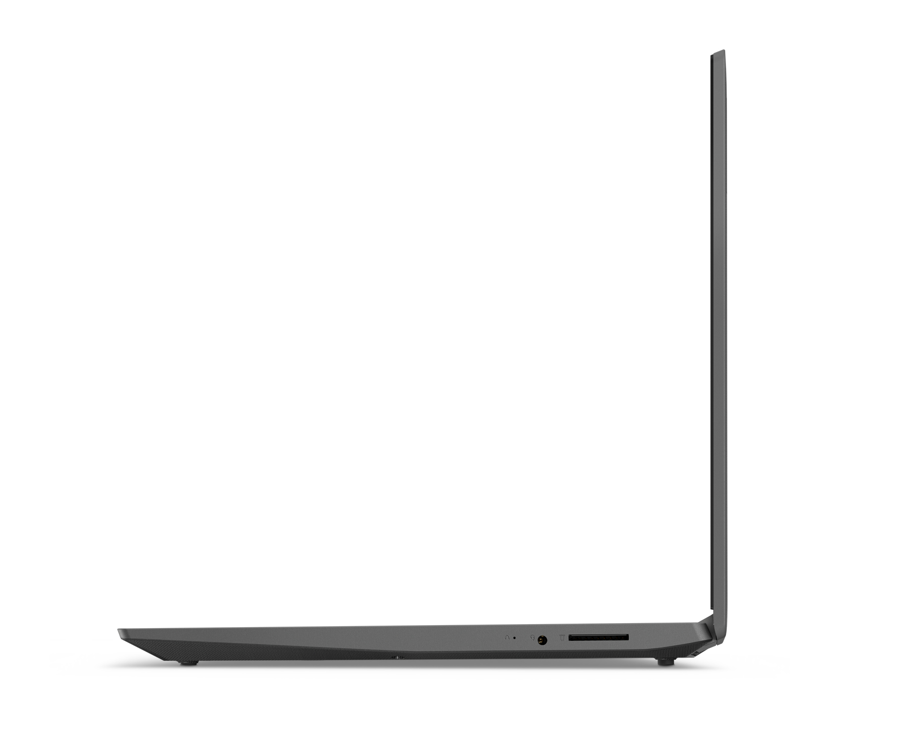 Vista laterale di un laptop grigio chiuso su sfondo bianco, che mostra il profilo laterale.