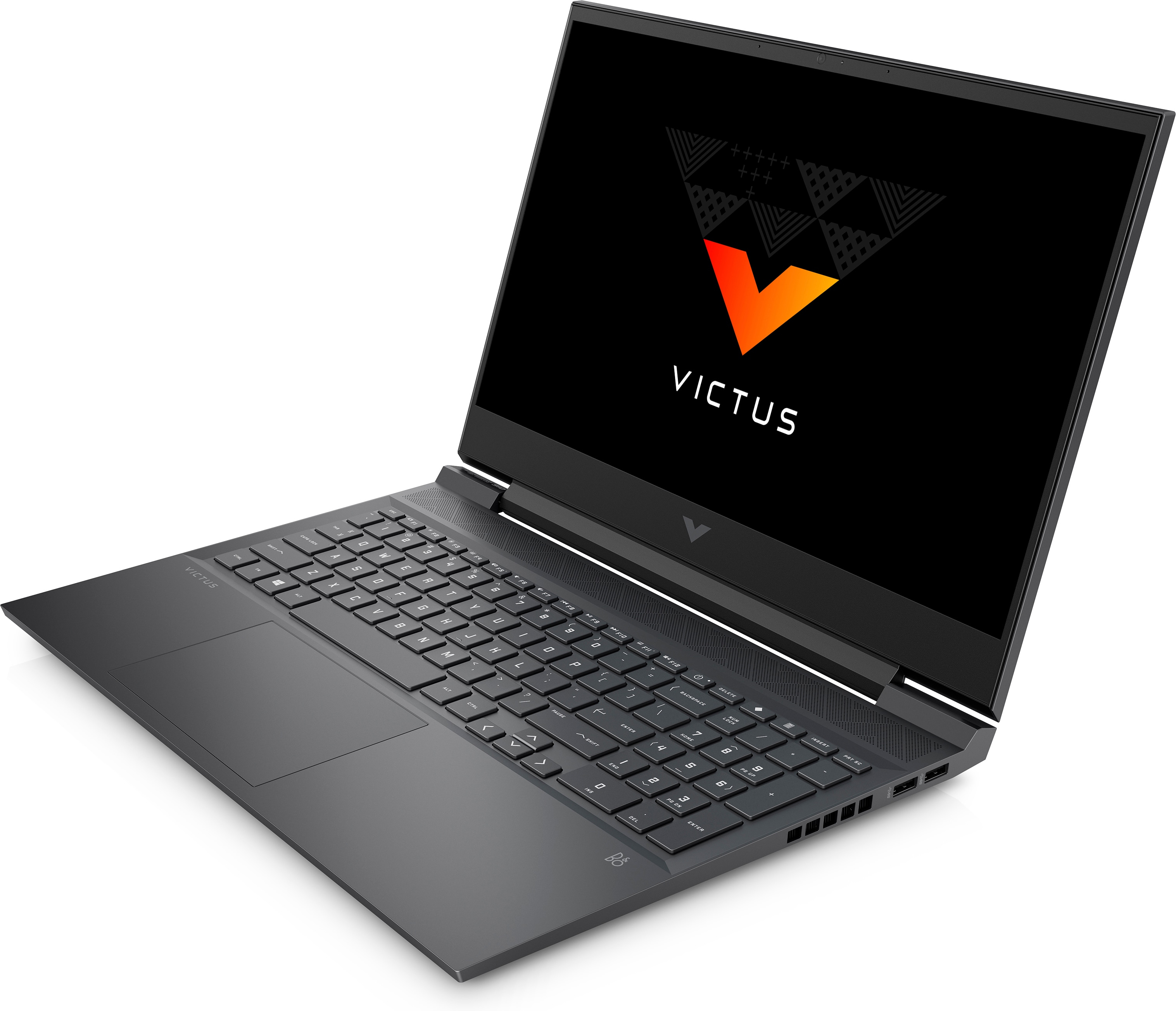 Laptop nero con logo Victus sullo schermo, angolato su una superficie bianca.