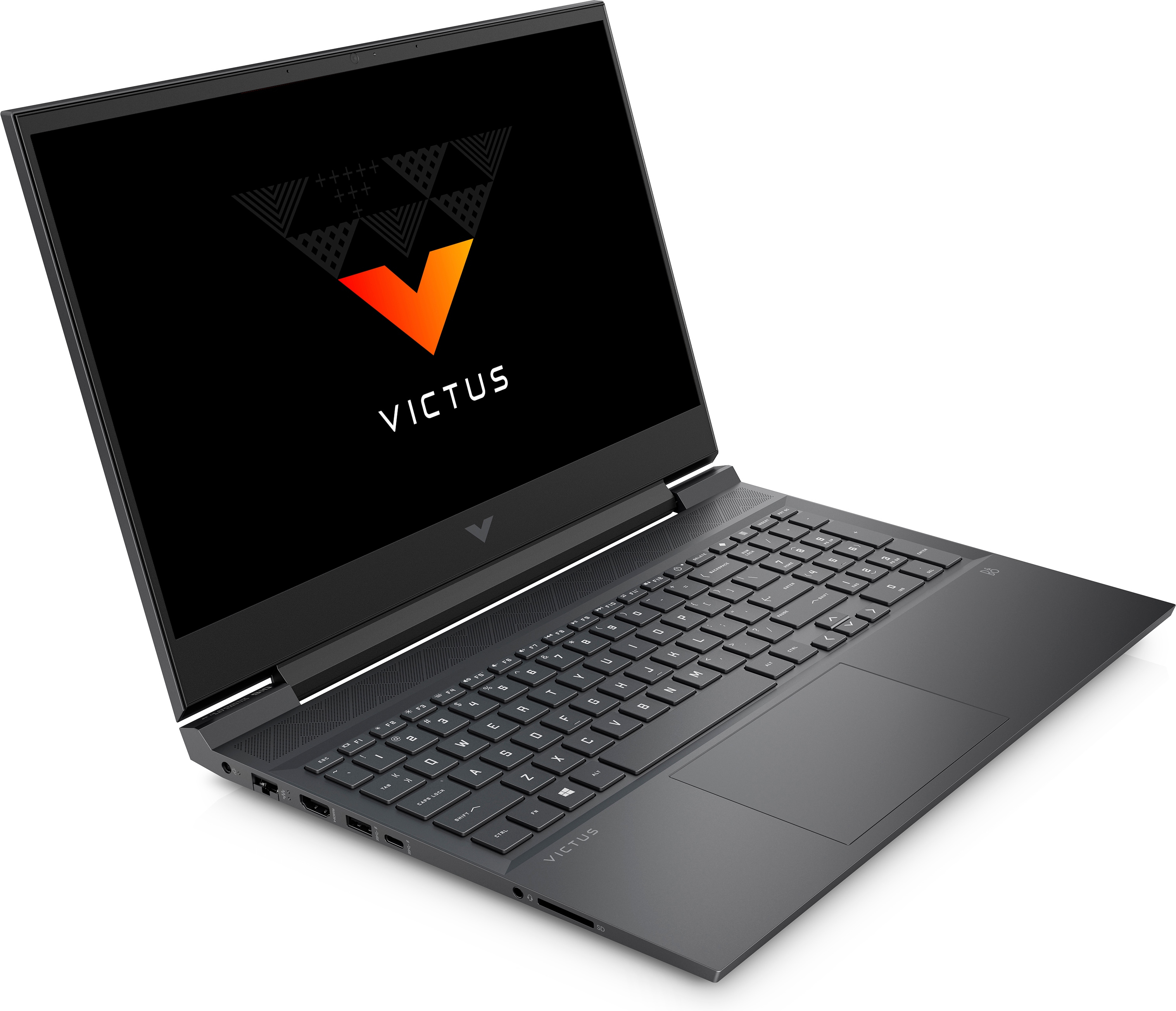 Laptop nero con la parola VICTUS sullo schermo. Il laptop è aperto ad angolo, mostrando la tastiera.