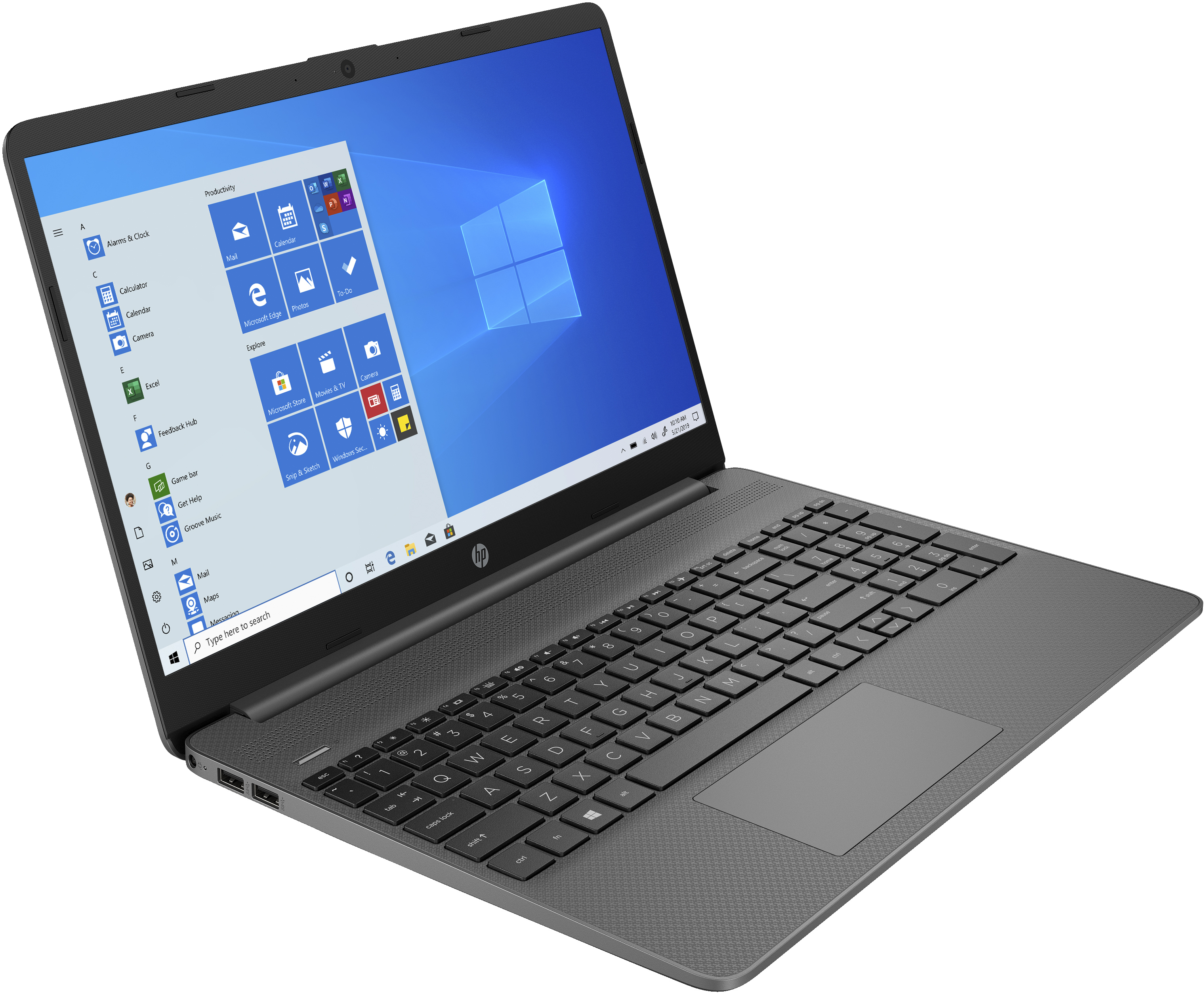 Un laptop con lo schermo aperto, che mostra il desktop di Windows. È su una superficie bianca.