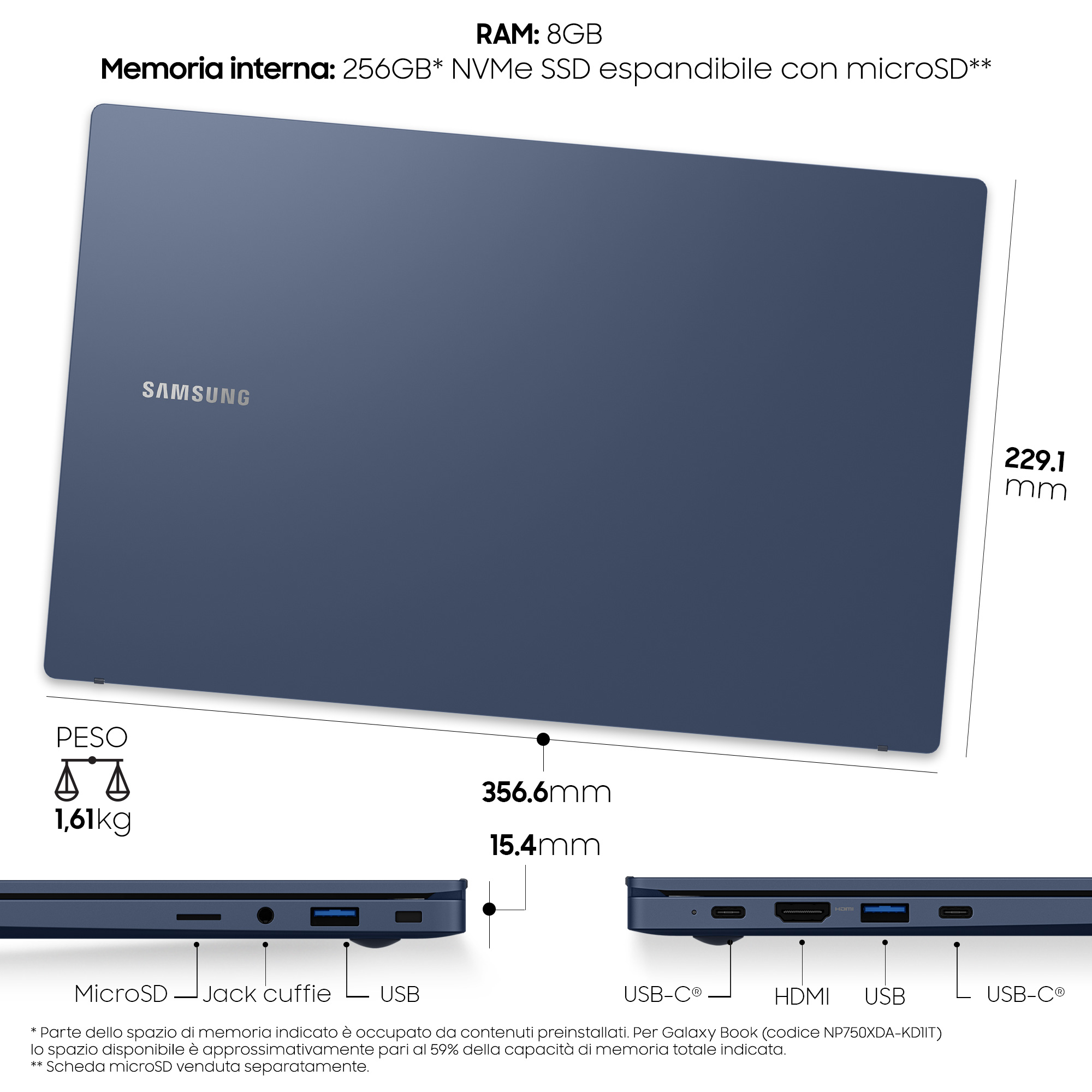 Un laptop blu scuro con dimensioni e testo. La parte inferiore mostra le porte.