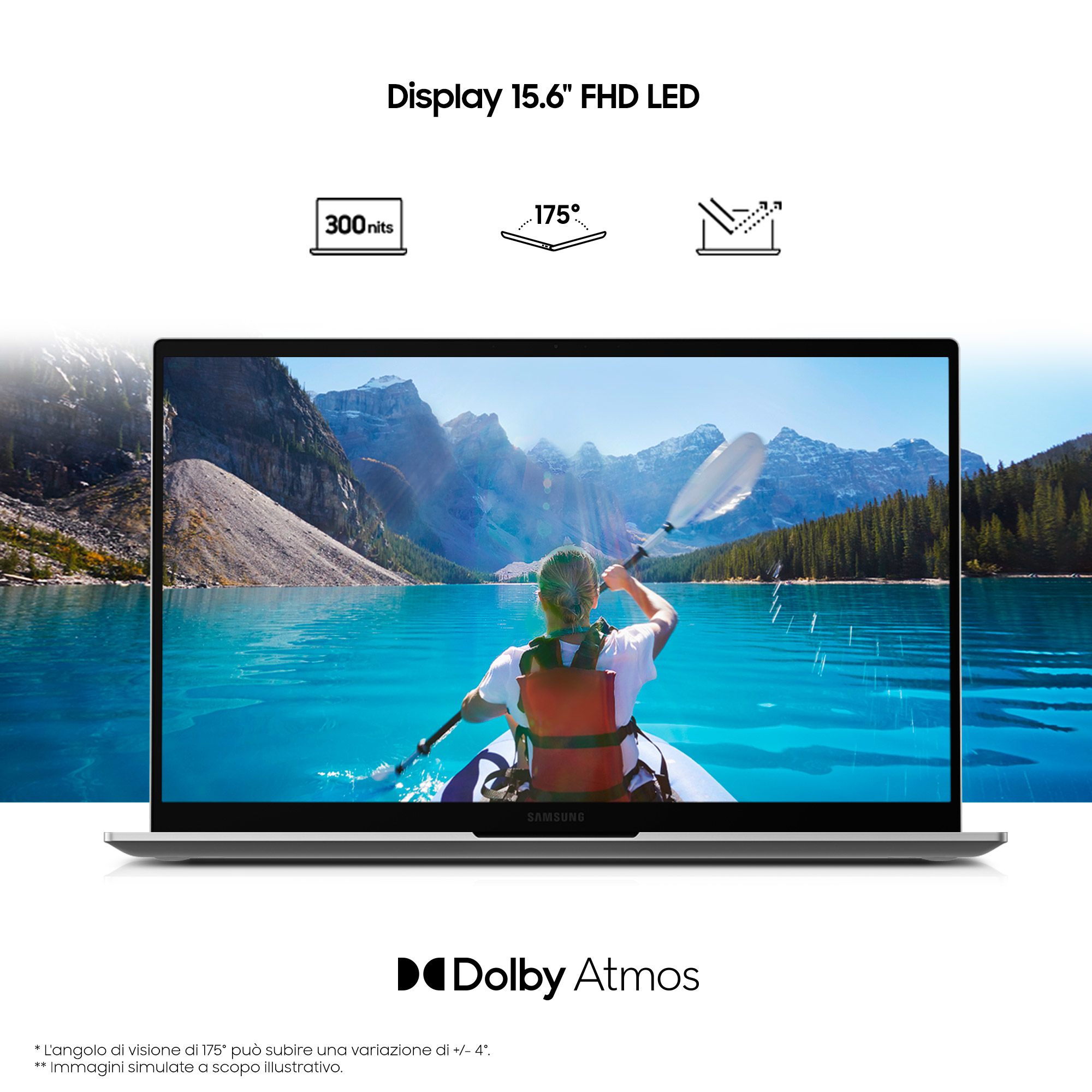 Un laptop mostra una scena di lago con una donna in kayak. Sopra c'è scritto 'Display 15.6" FHD LED'.