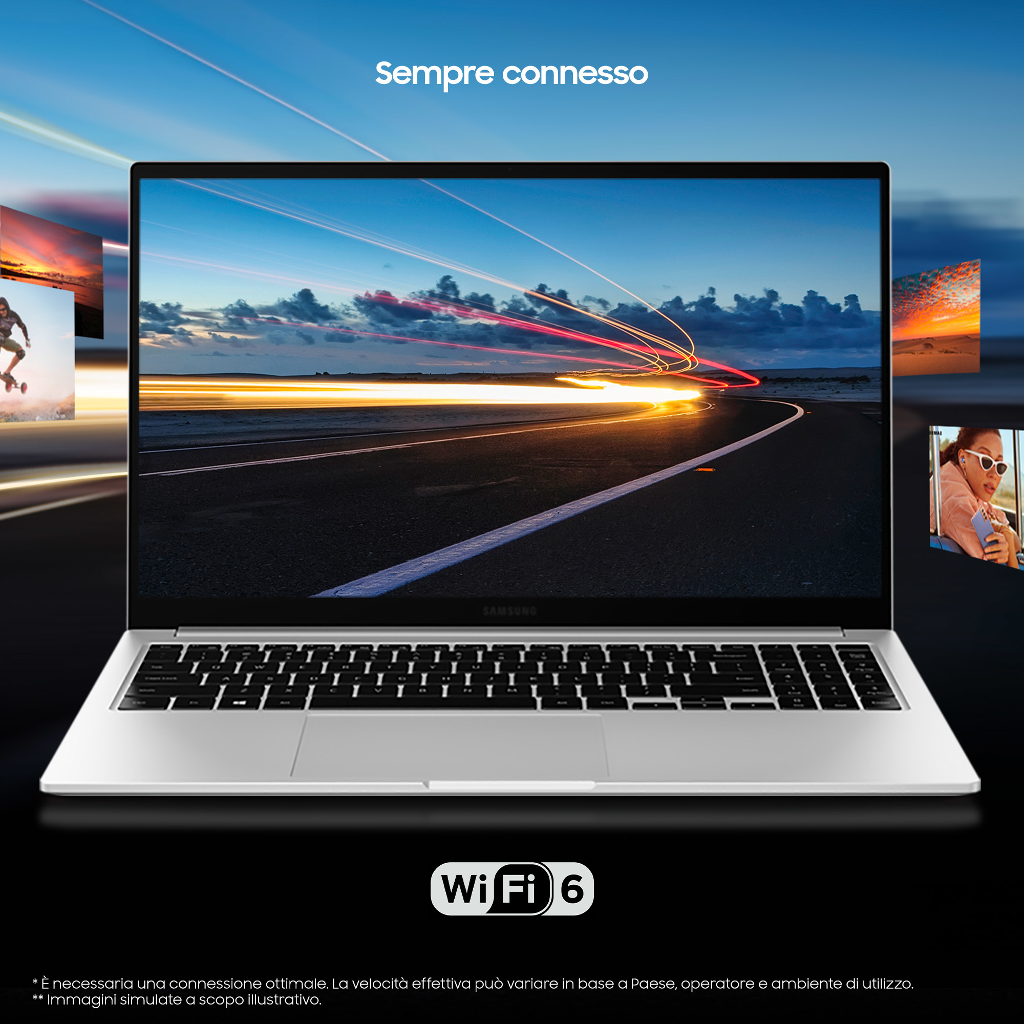 Un laptop argentato che mostra un paesaggio con strada, cielo e acqua. Logo WIFI 6.