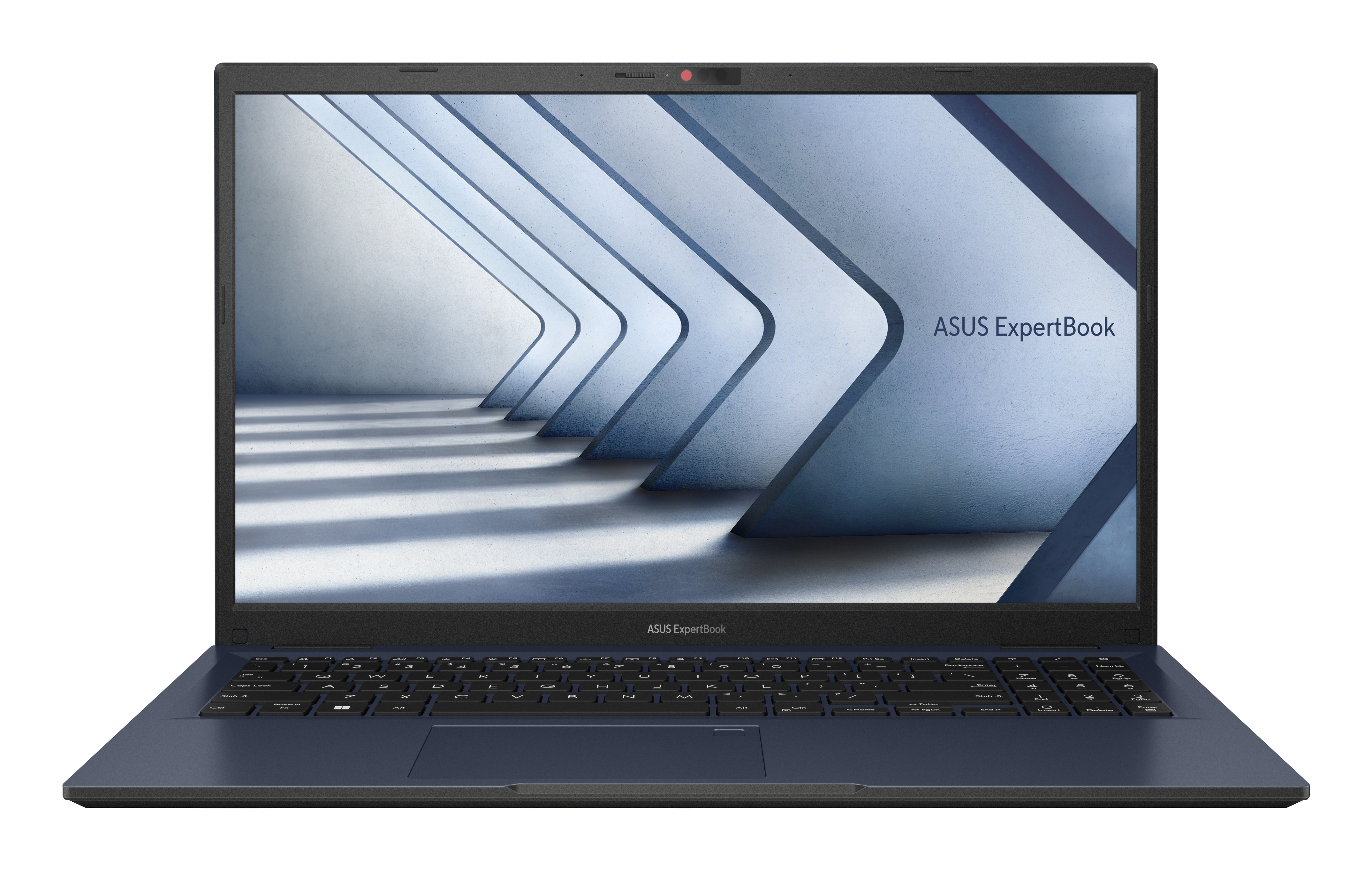 Un portátil con la pantalla abierta, que muestra el logotipo de ASUS ExpertBook sobre un fondo blanco.