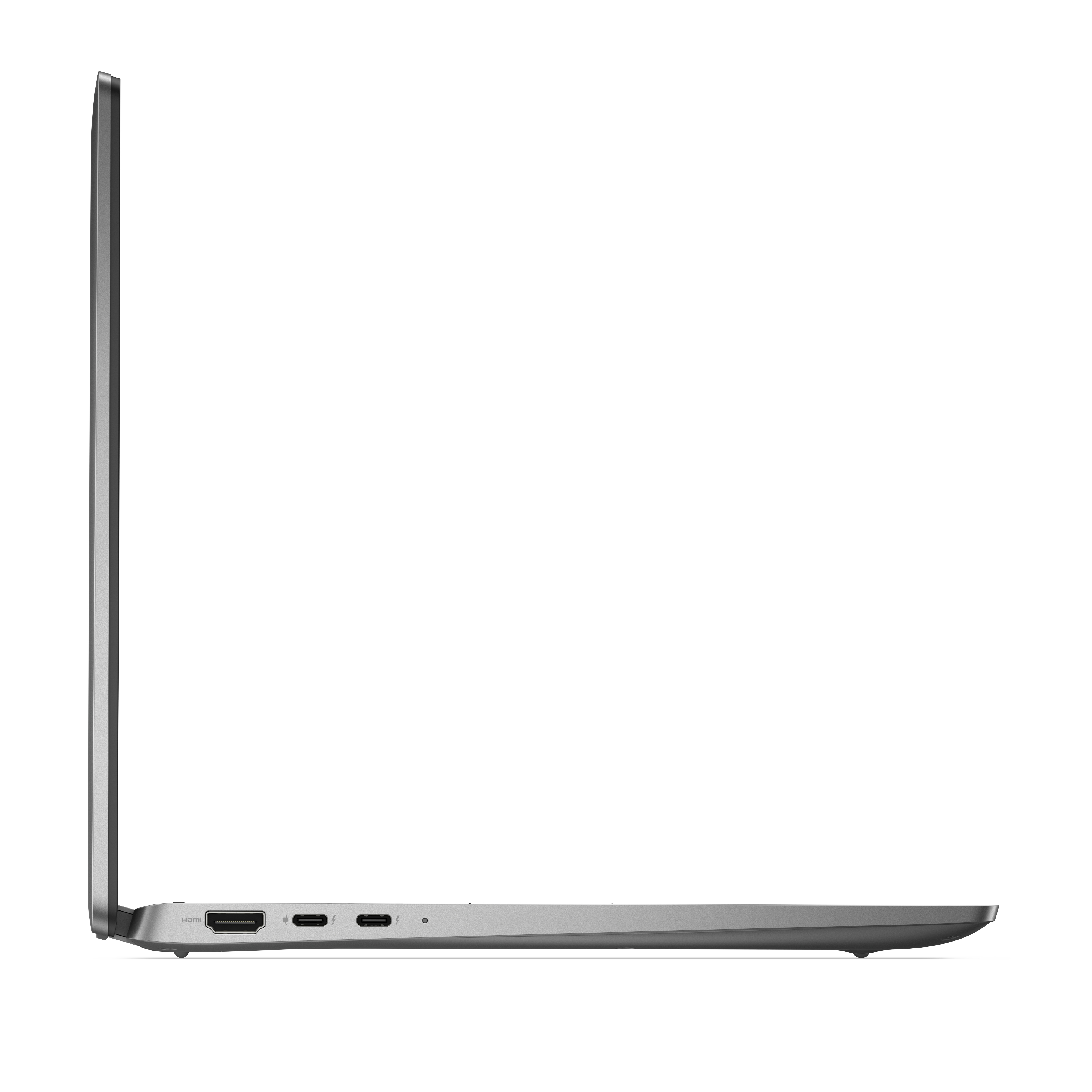 Vista laterale di un laptop argentato. Mostra il profilo laterale con porte e coperchio leggermente aperto.