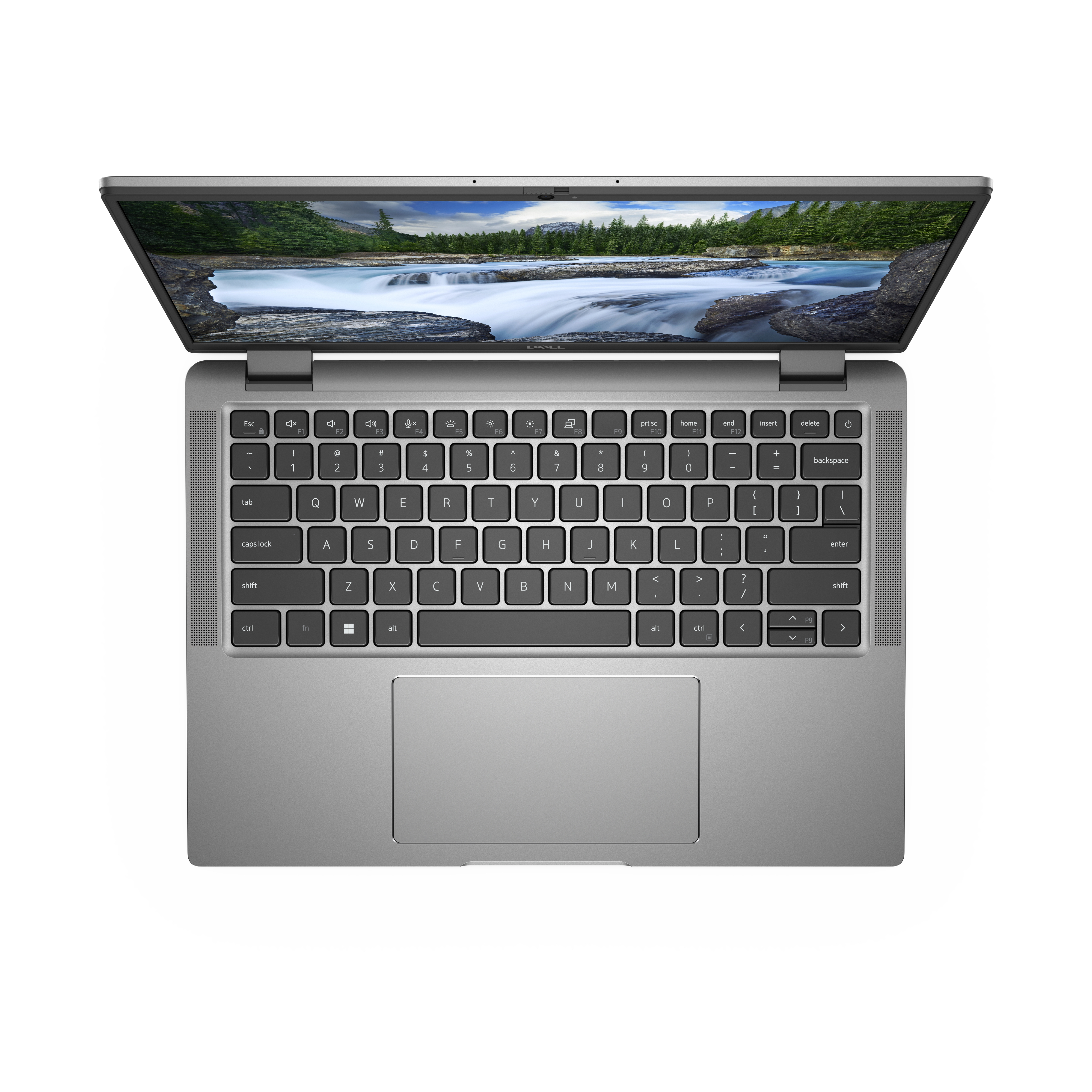 Laptop, vista dall'alto, tastiera grigia, con sfondo di un paesaggio fluviale.