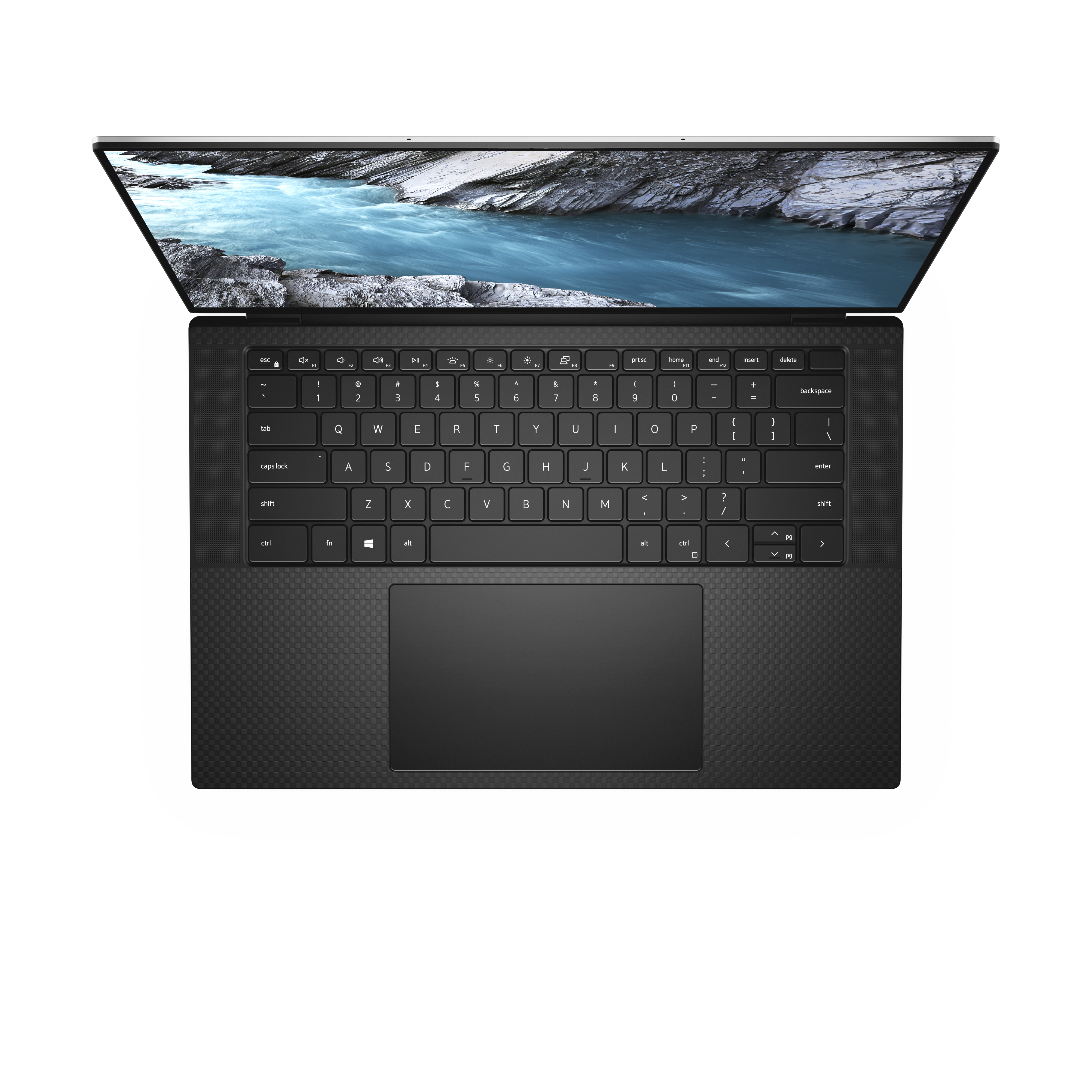 Laptop mit geöffnetem Bildschirm, der eine Landschaft zeigt. Die Tastatur befindet sich im Vordergrund.