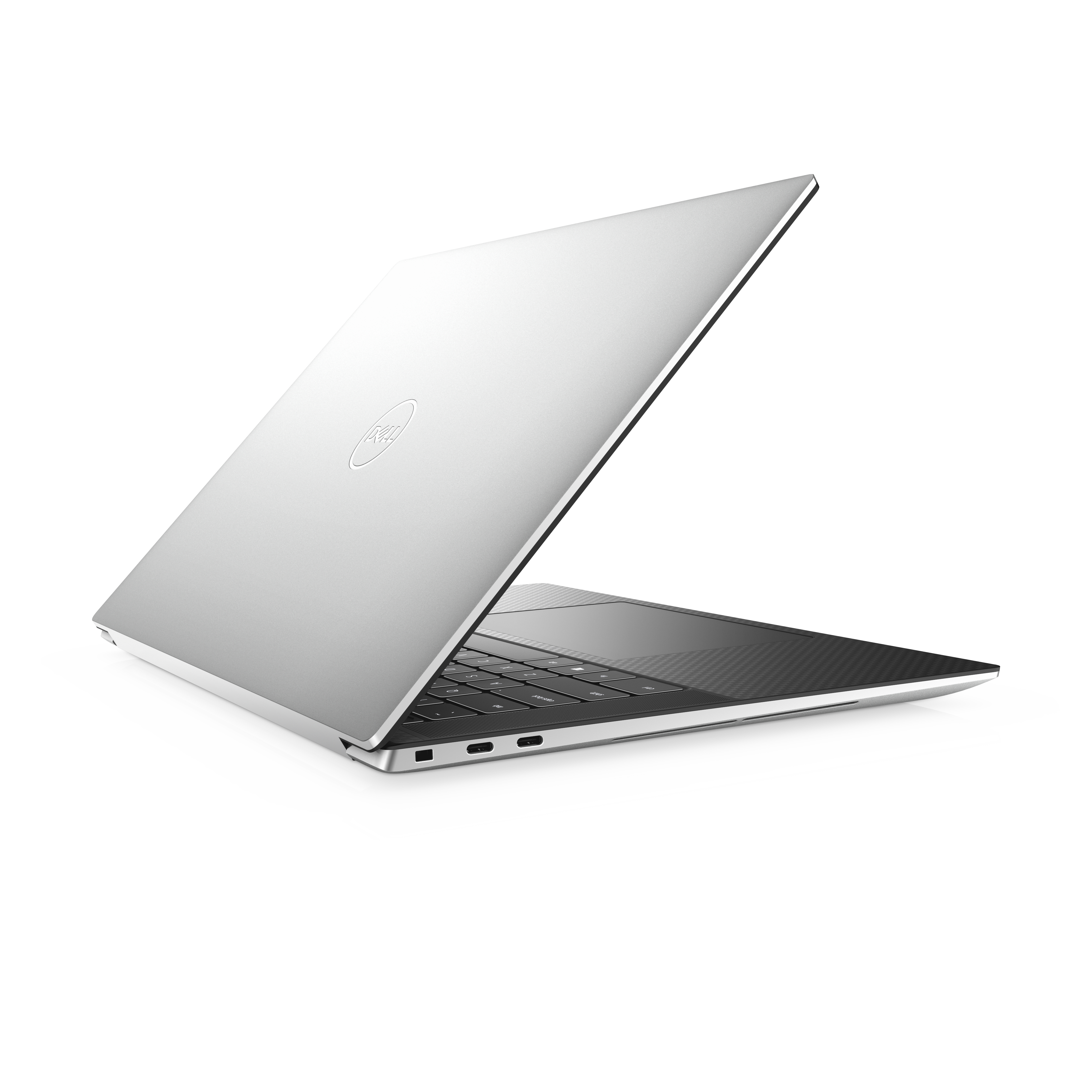 Silberner Laptop, geöffnet, schräge Ansicht. Zeigt Tastatur und Touchpad auf weißem Hintergrund.