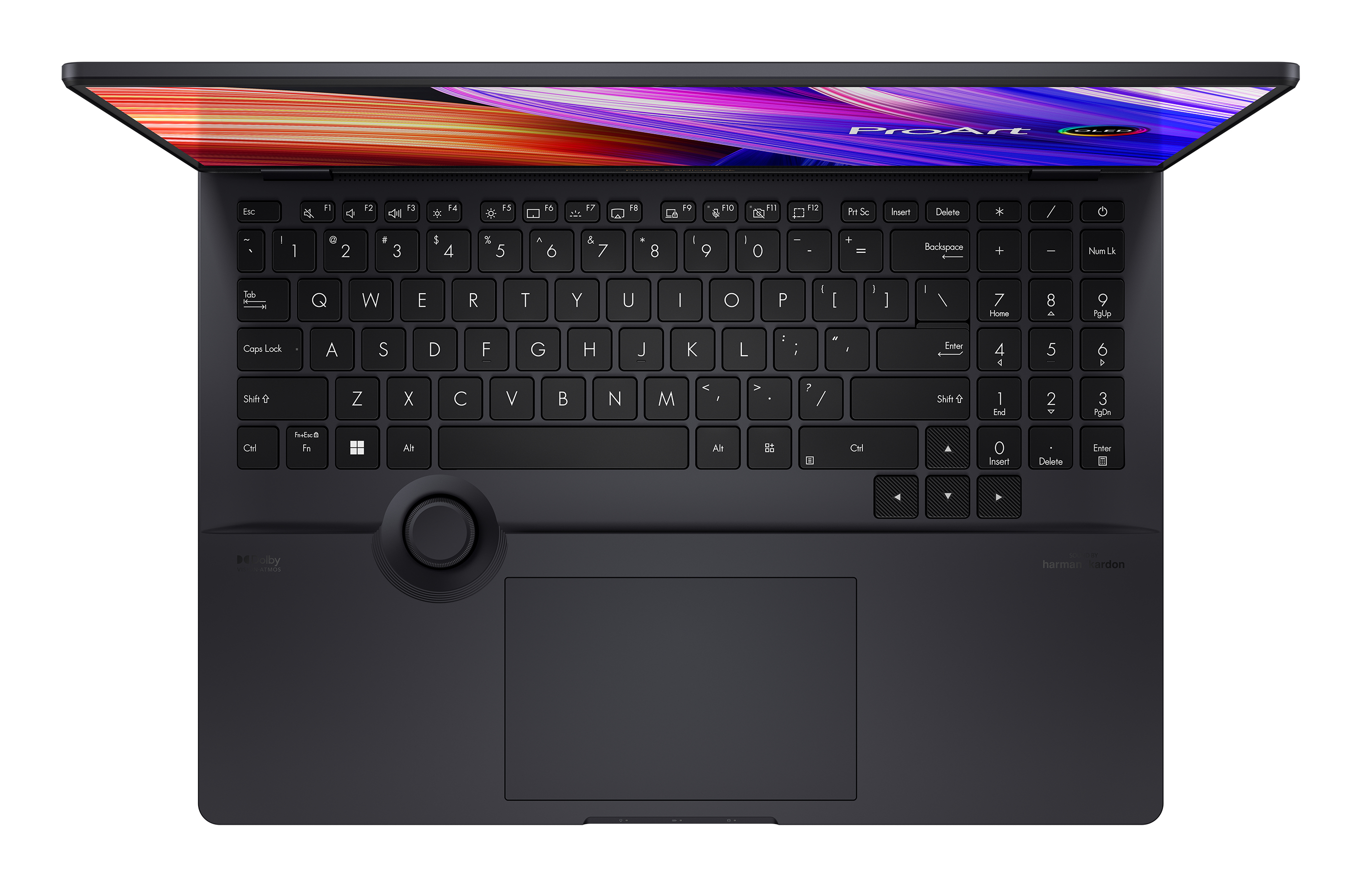 Laptop-Tastaturansicht. Es ist dunkel mit einem kreisförmigen Trackpad und einem oben montierten Bildschirm.