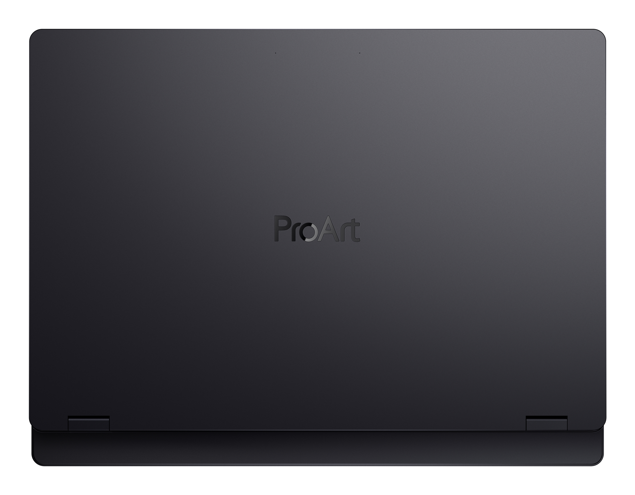 Ein geschlossener schwarzer Laptop mit dem Wort 'ProArt' in silbernen Buchstaben auf dem Deckel.